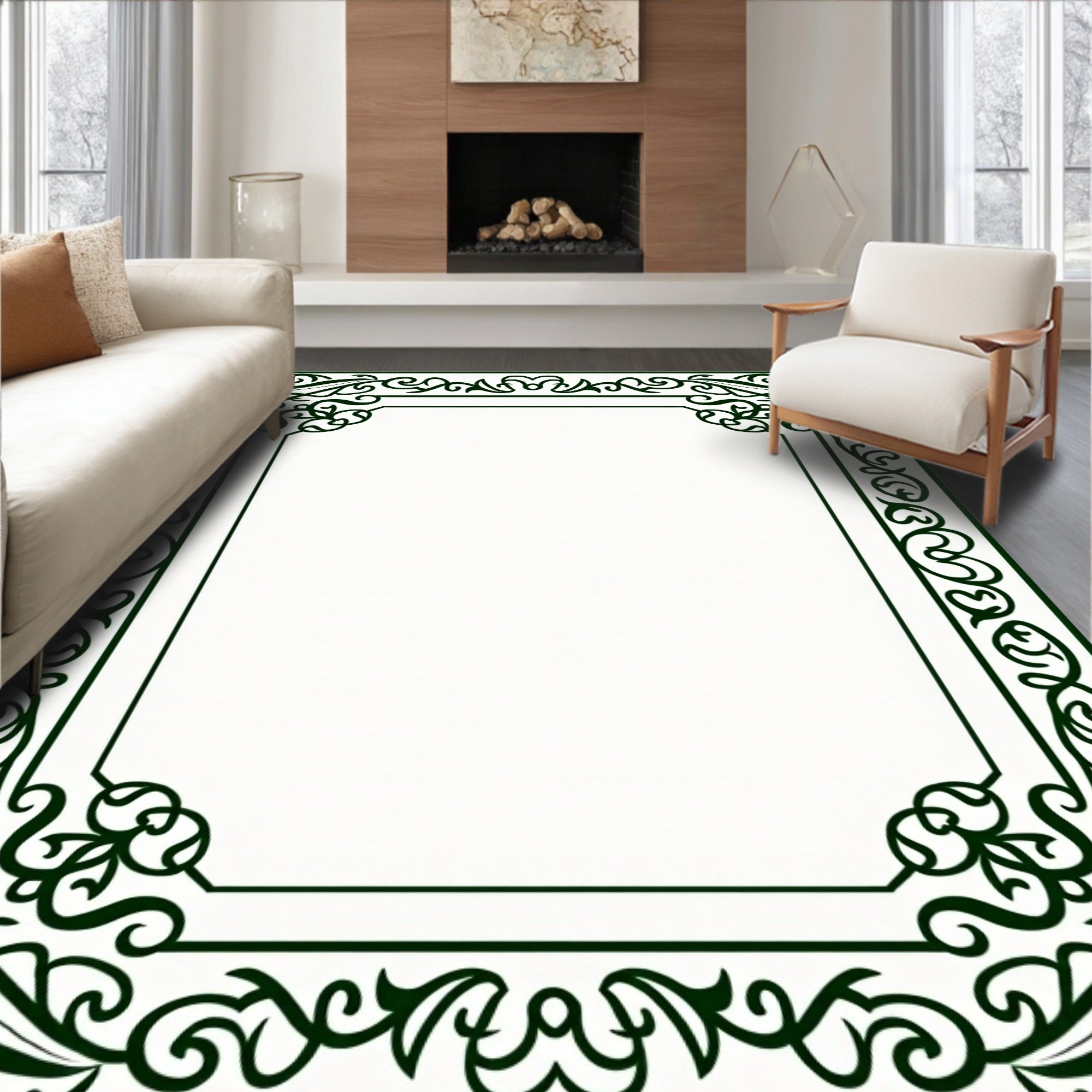 Deep Emerald Vine Scroll Frame Rug