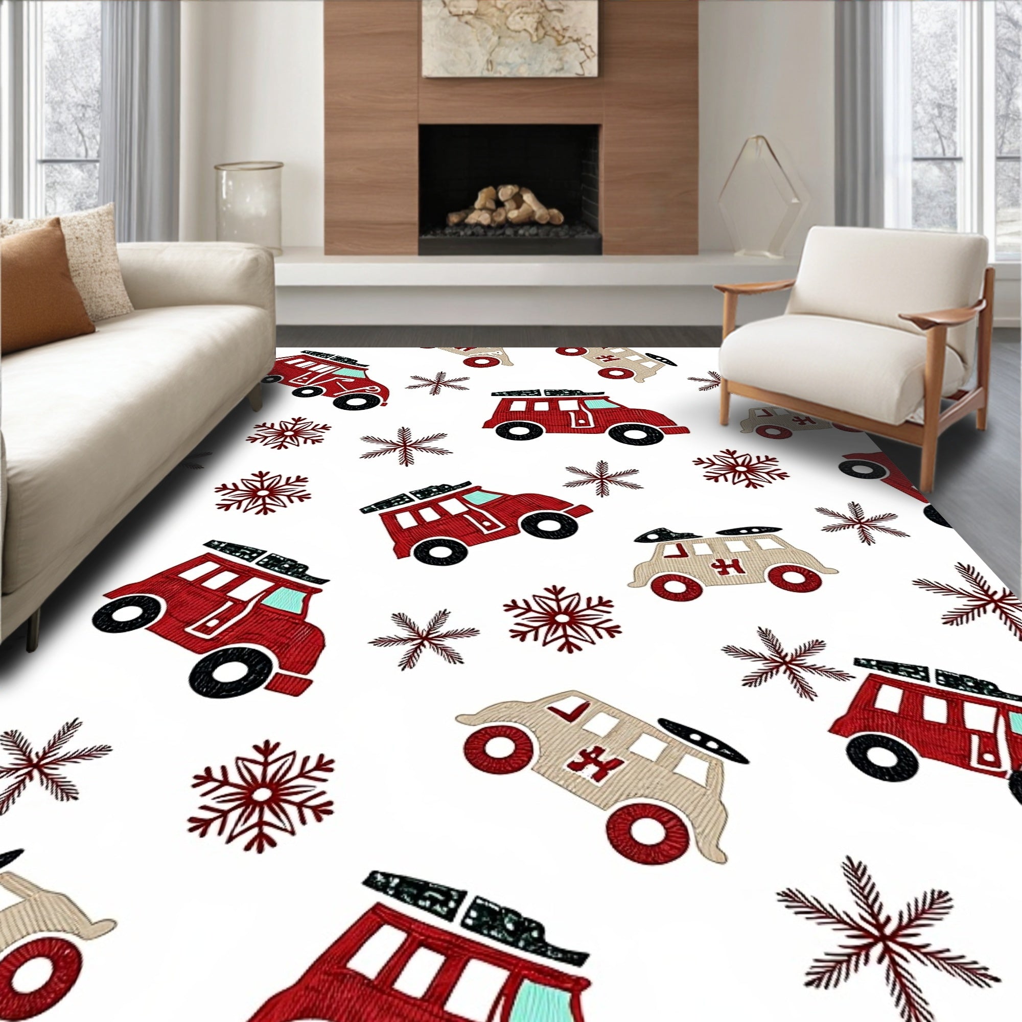 Festive Red Camper Snowflakes Repeating Rug