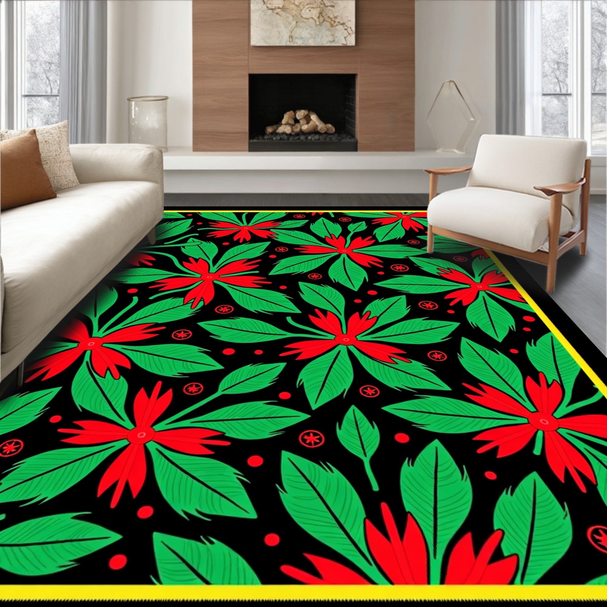 Bold Red Green Floral Foliage Rug