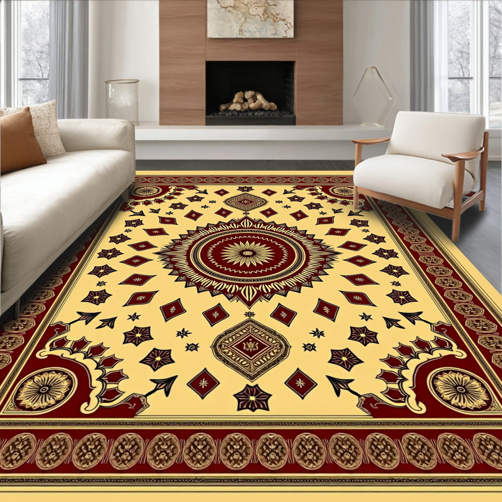 Maroon Medallion Sunburst Cream Rug