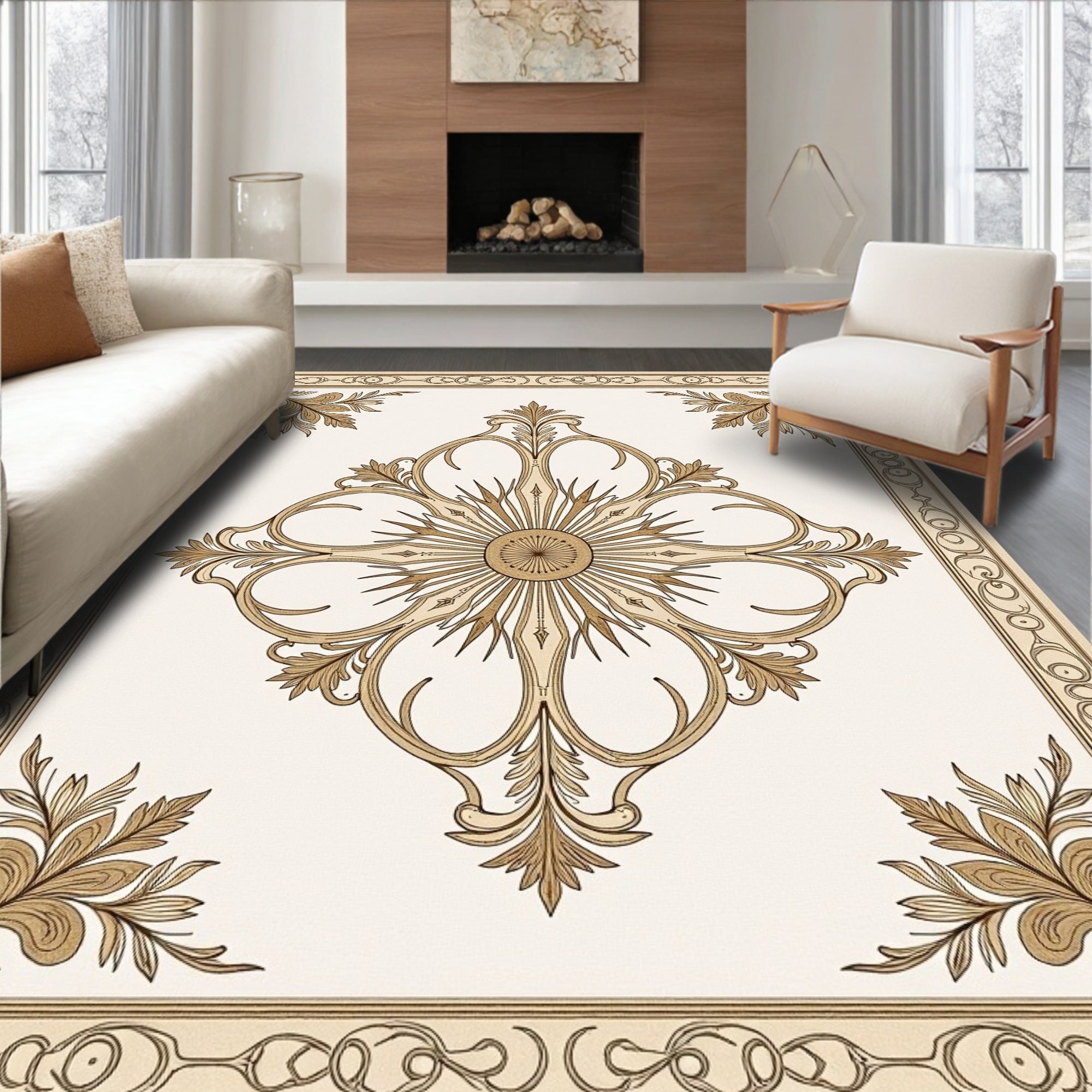 Ornate Beige Floral Medallion Frame Rug