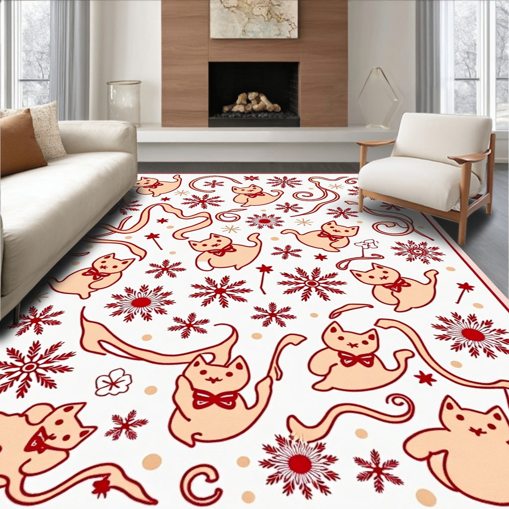 Red Bow Tie Cats Snowflake Whimsical Rug