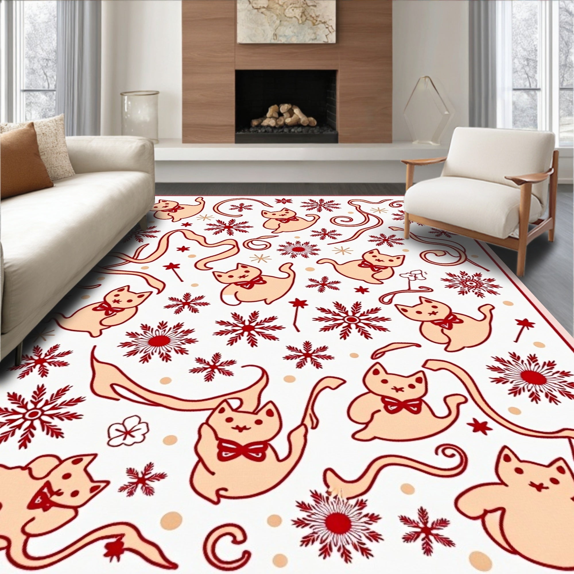 Red Bow Tie Cats Snowflake Whimsical Rug
