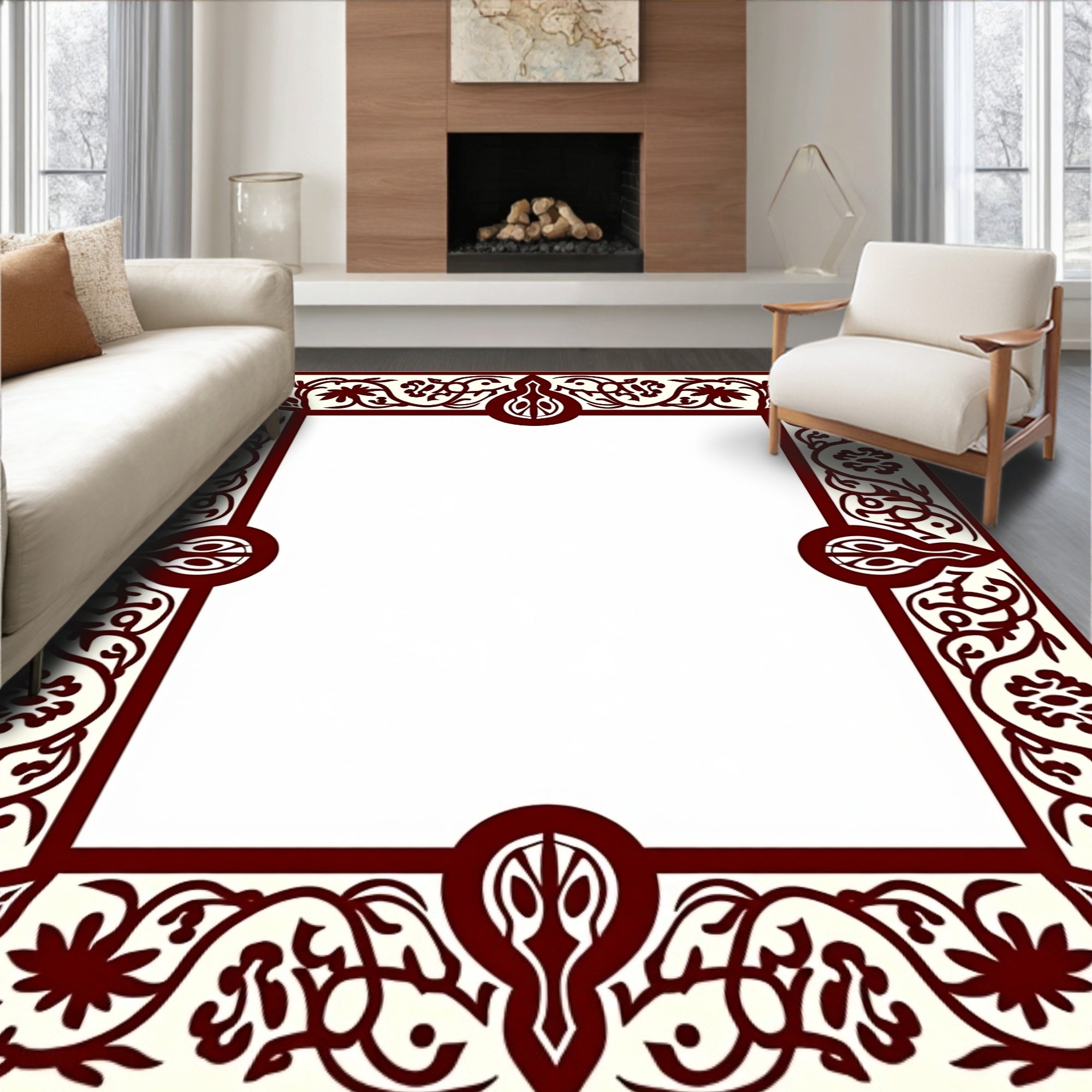 Dark Red Floral Scroll Border Rug