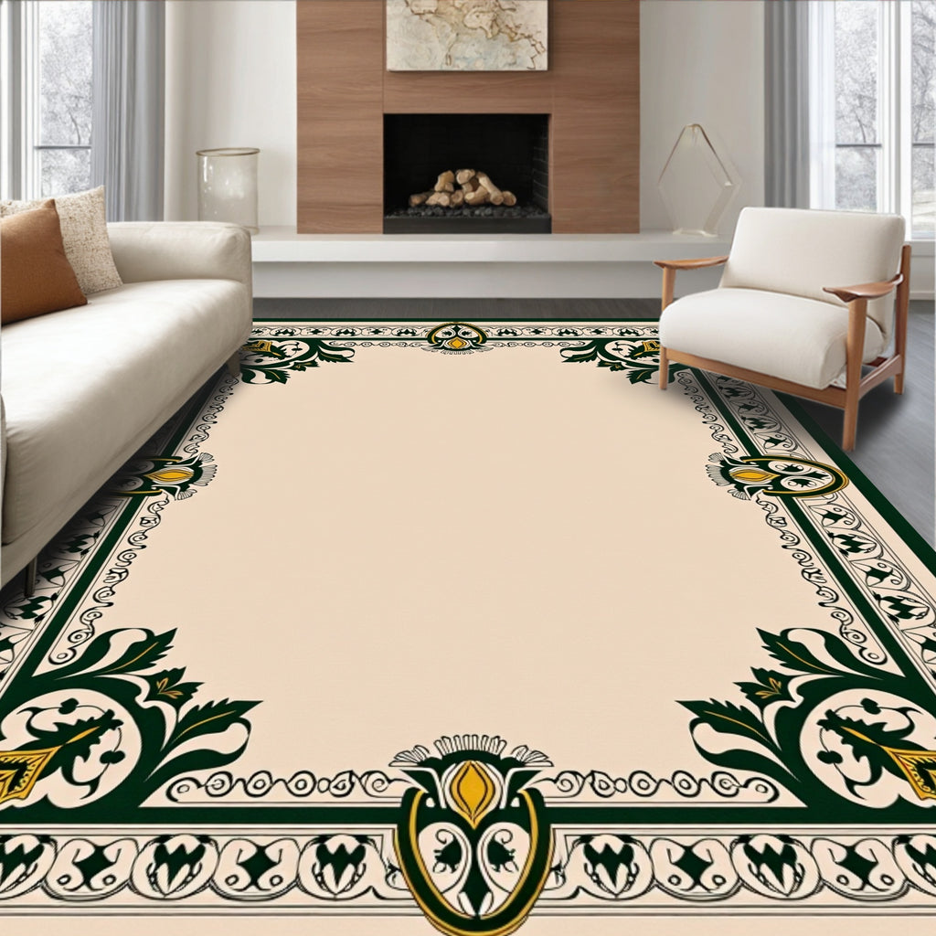 Dark Green Golden Floral Border Rug