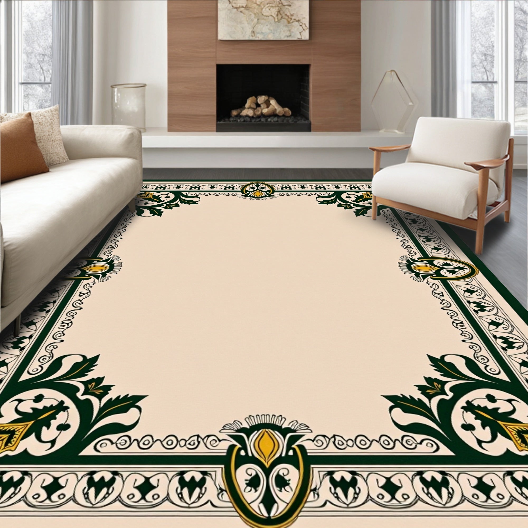 Dark Green Golden Floral Border Rug