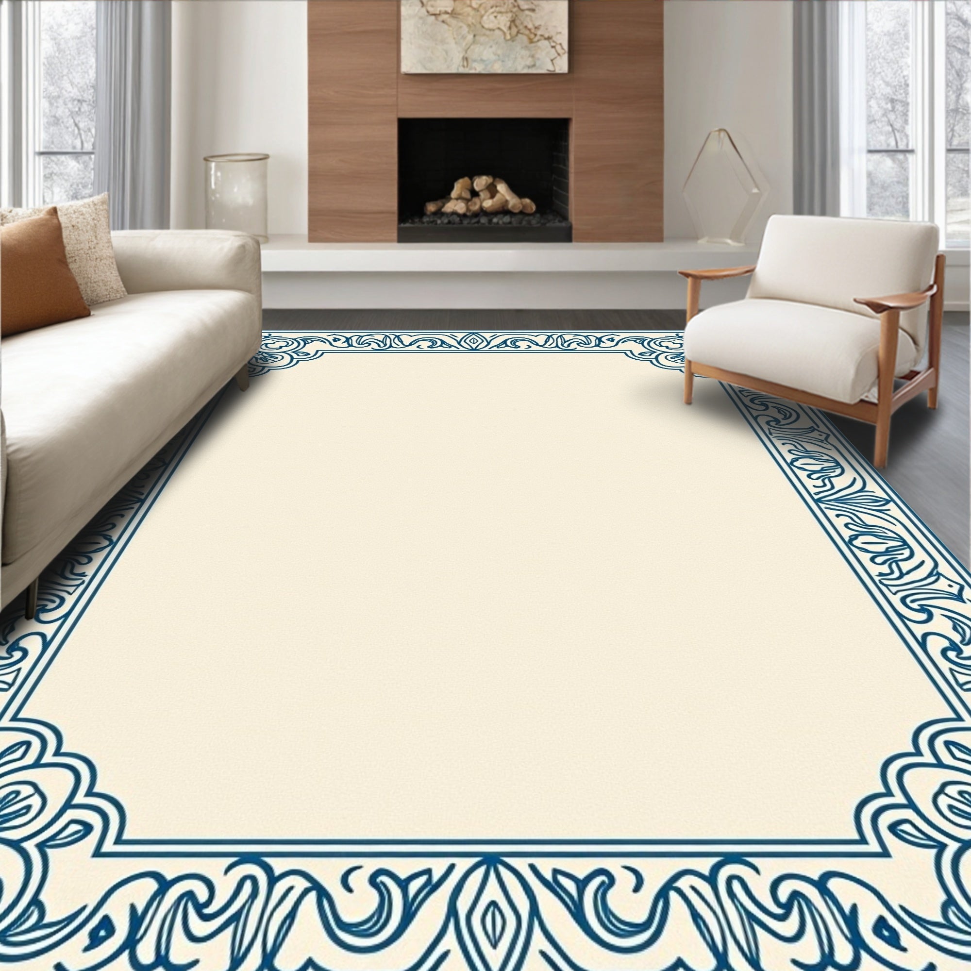 Navy Blue Scrollwork Floral Border Rug