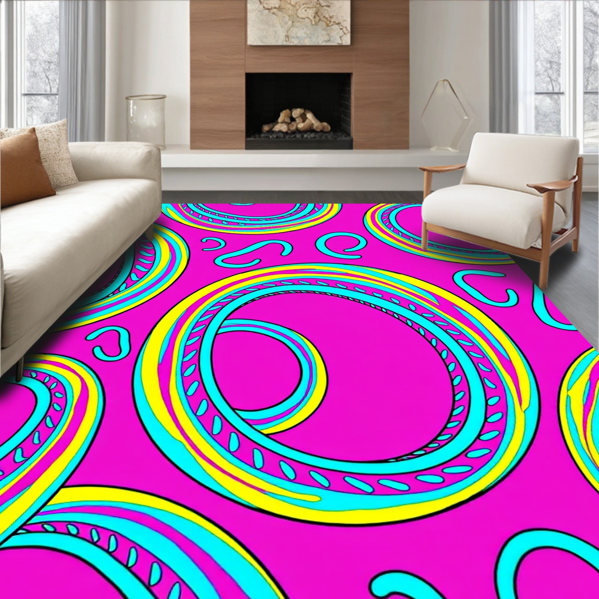 Vibrant Pink Swirls With Yellow Accents Rug