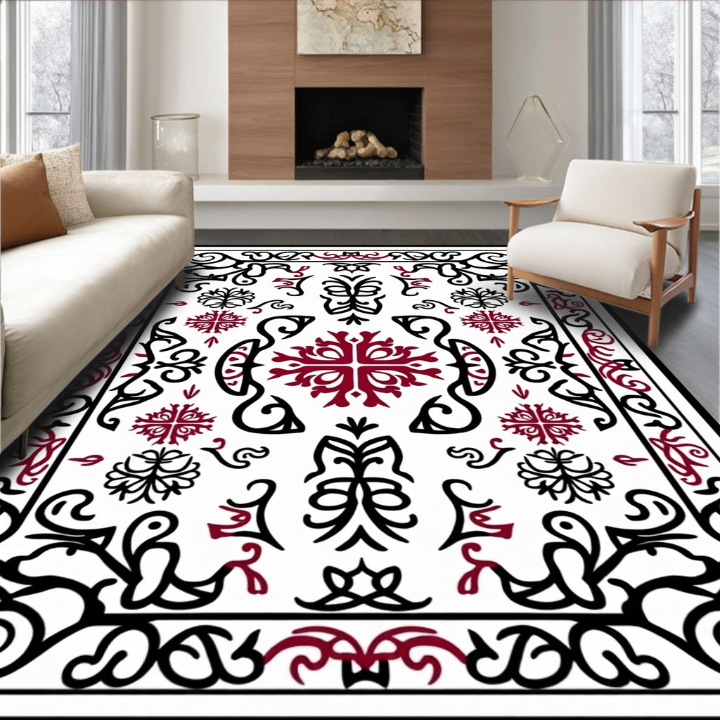 Black Red Scrollwork Vintage Medallion Rug