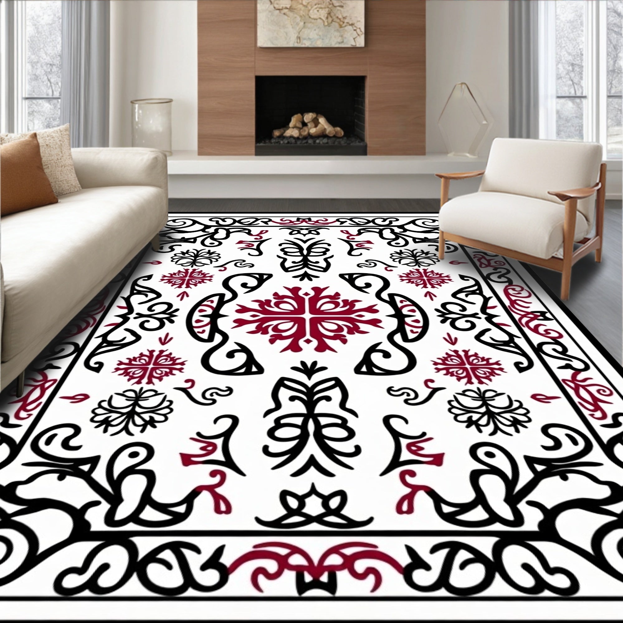 Black Red Scrollwork Vintage Medallion Rug