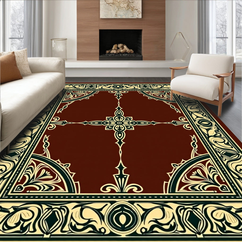 Crimson Ivory Floral Scrollwork Border Rug