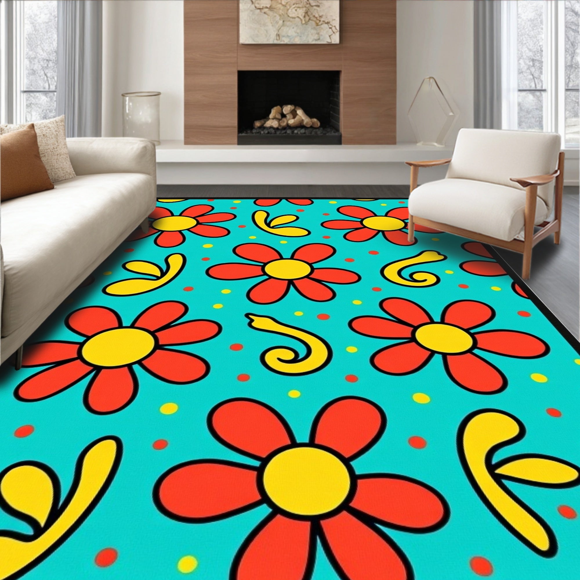 Retro Red Yellow Flower Medallion Rug
