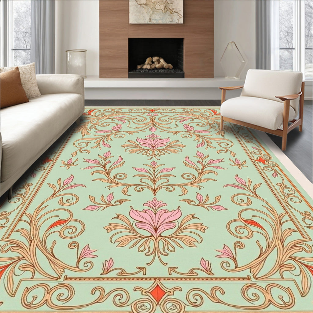 Ornate Mint Floral Scroll Rug