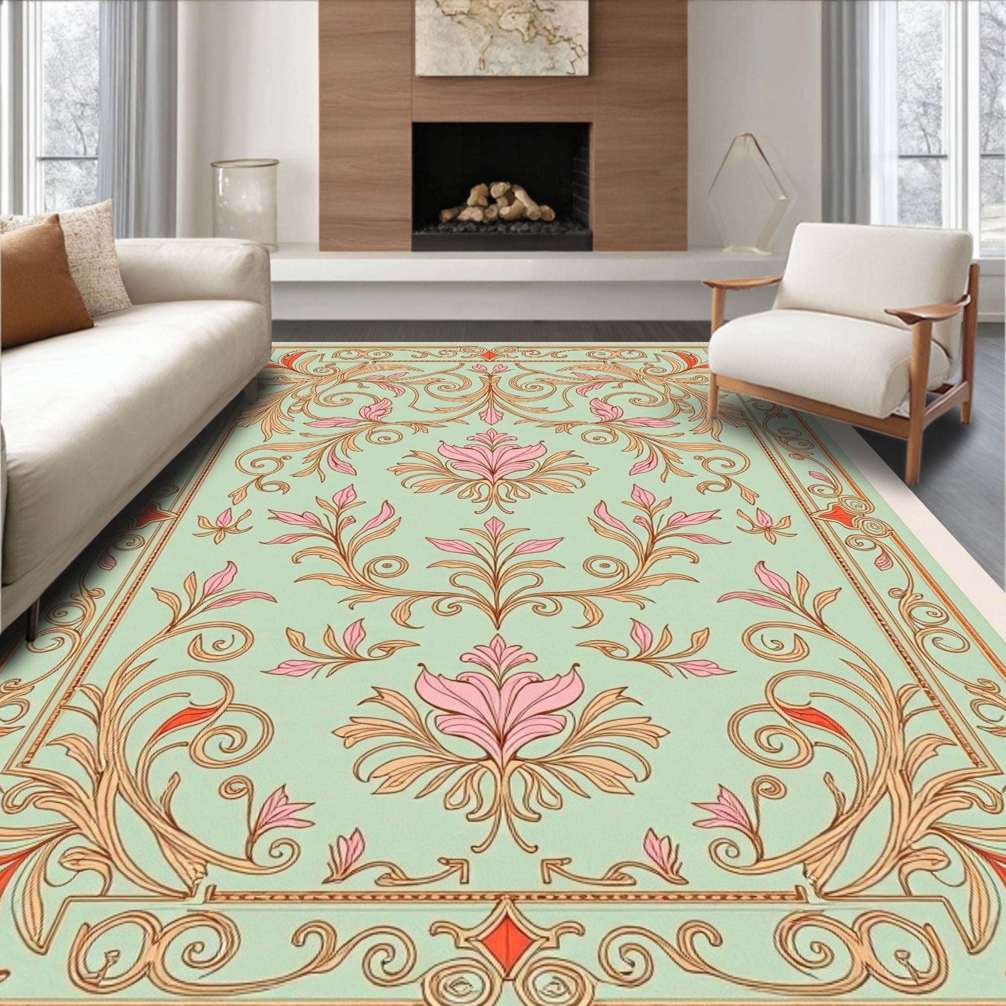 Ornate Mint Floral Scroll Rug