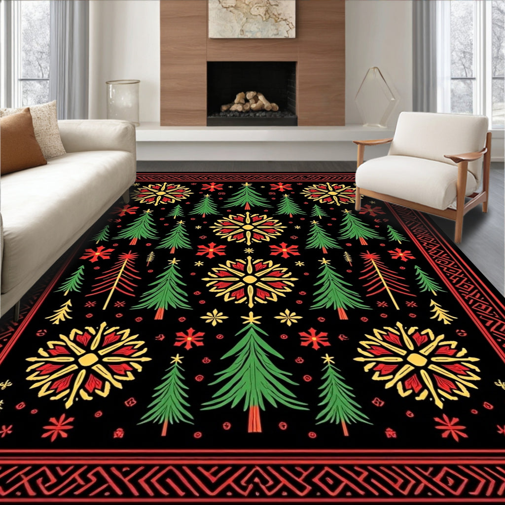 Folk Art Red Yellow Green Trees Rug
