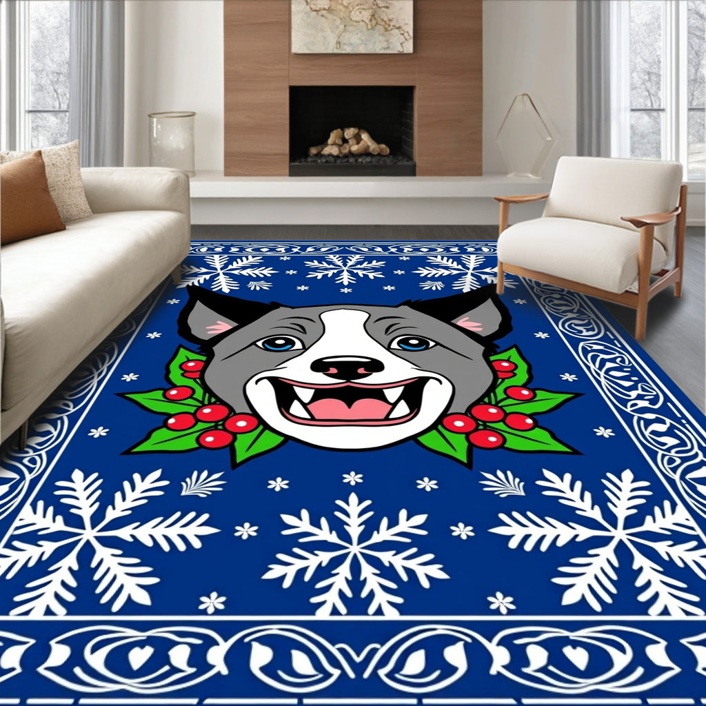 Blue Snowflake Dog Holly Border Rug