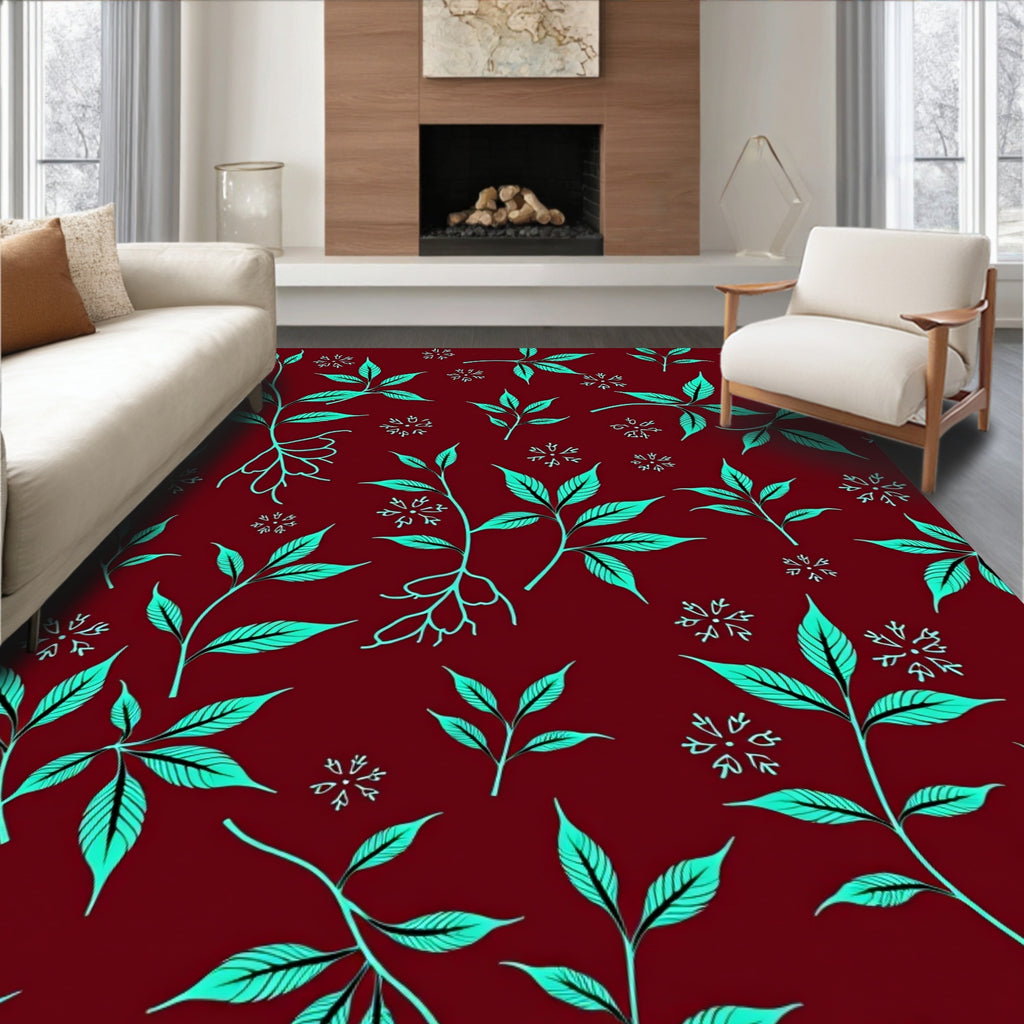 Burgundy Teal Leafy Sprig Floral Rug