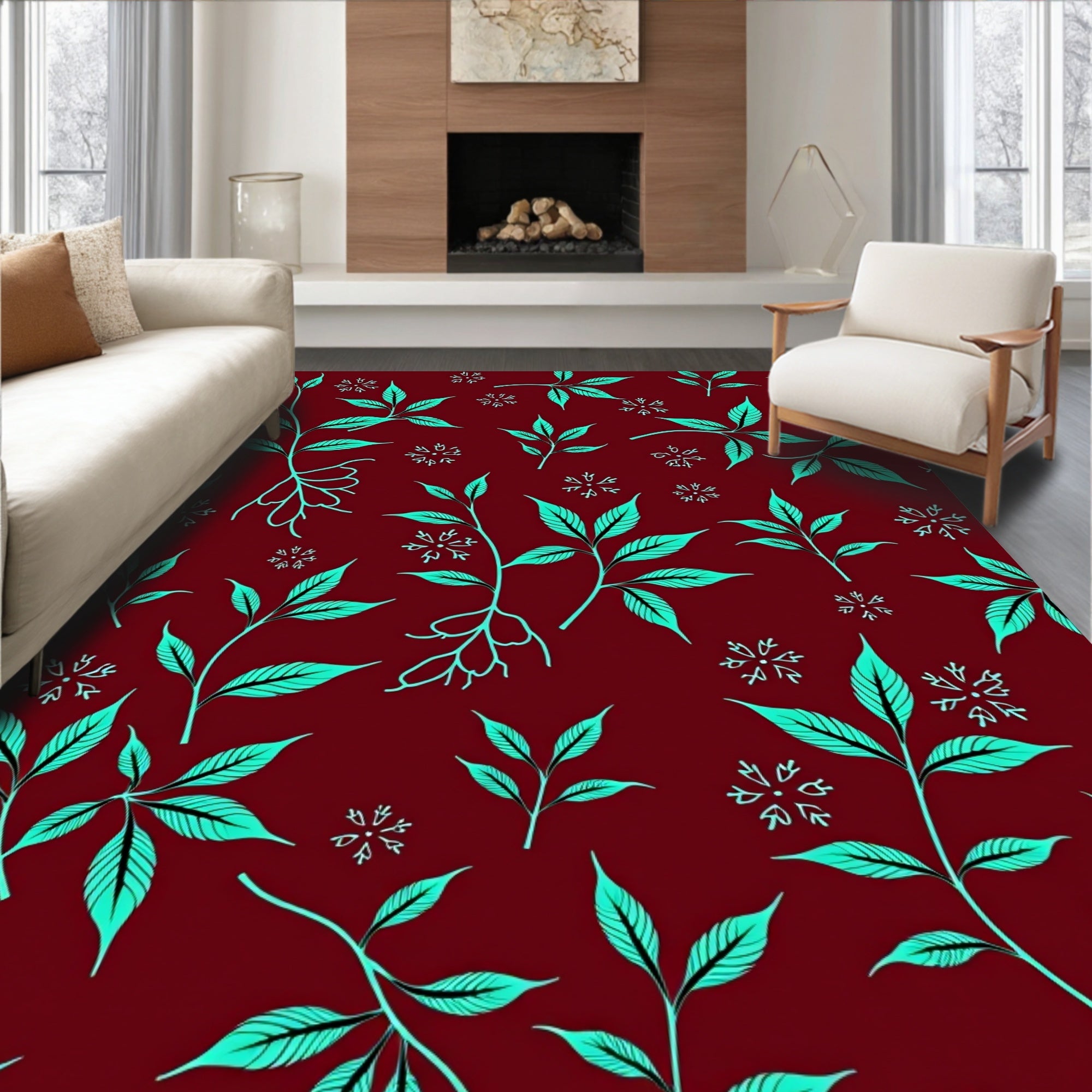 Burgundy Teal Leafy Sprig Floral Rug