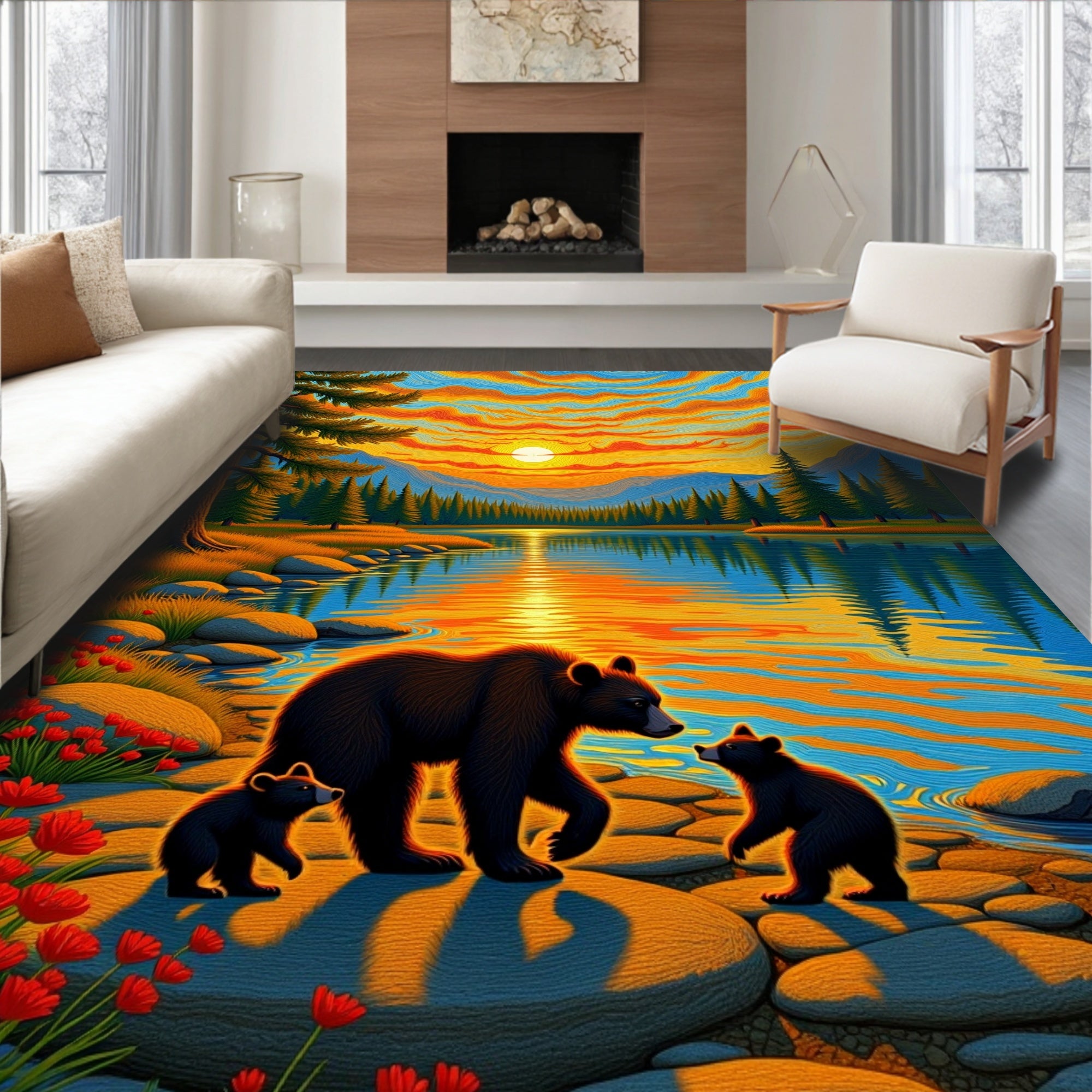 Vibrant Sunset Bear Family Lake Landscape Rug