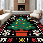 Festive Green Christmas Tree Snowflakes Rug