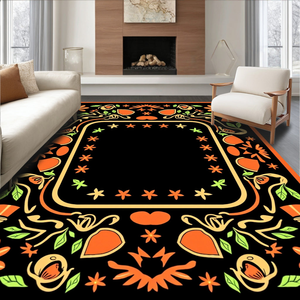 Orange Black Floral Border Accent Rug