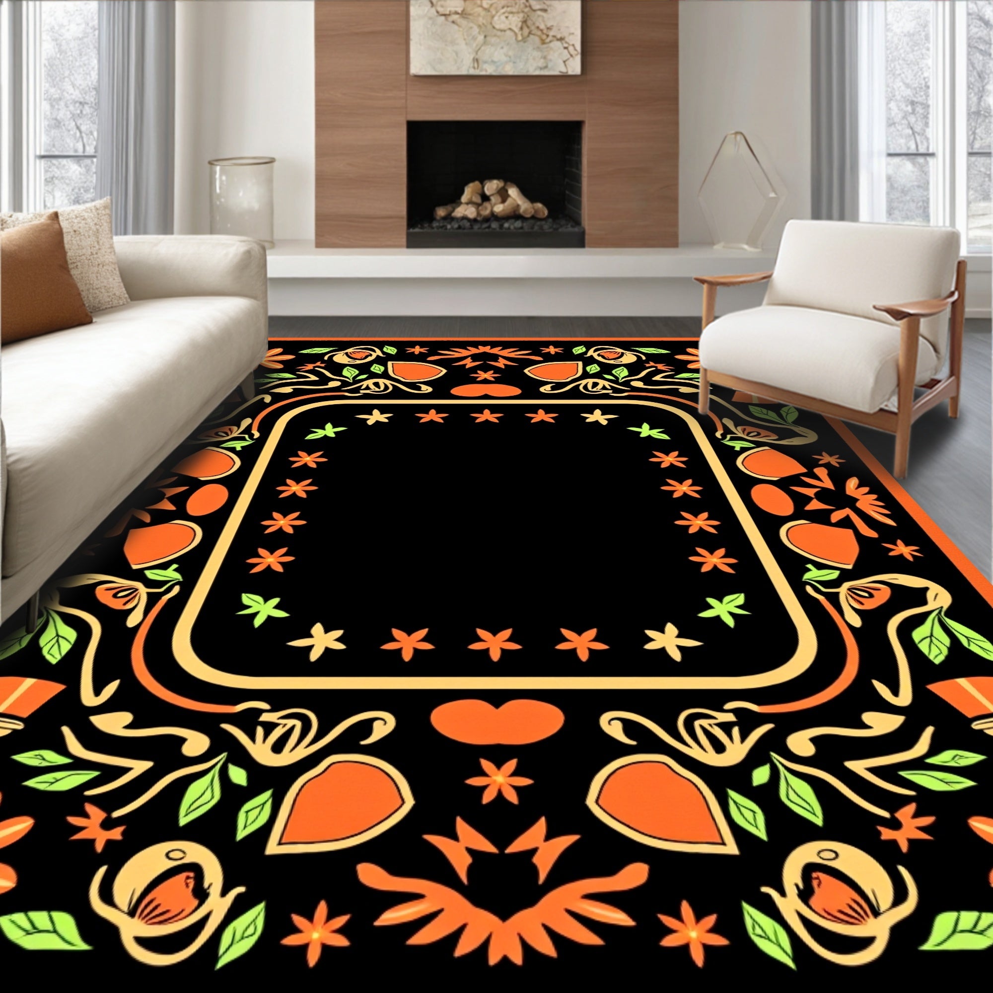 Orange Black Floral Border Accent Rug