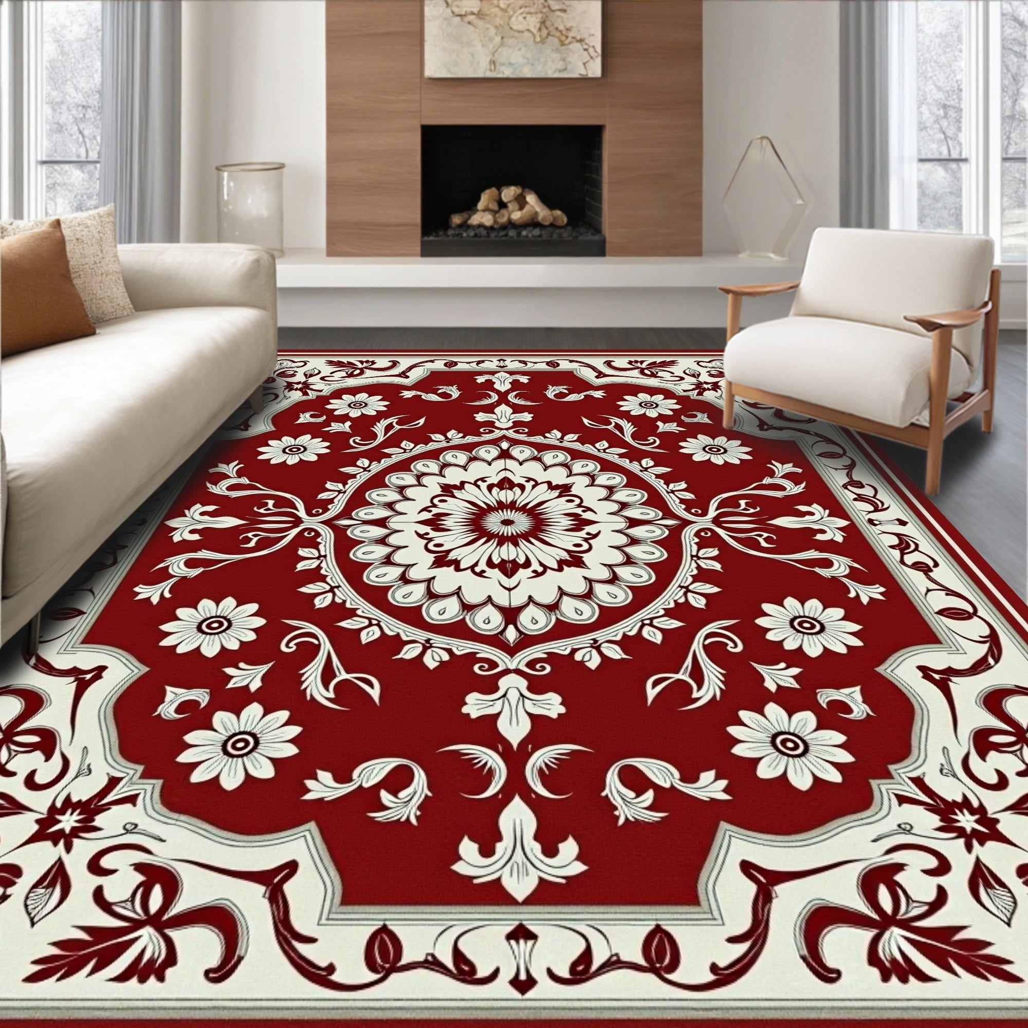Deep Red Floral Frame Rug