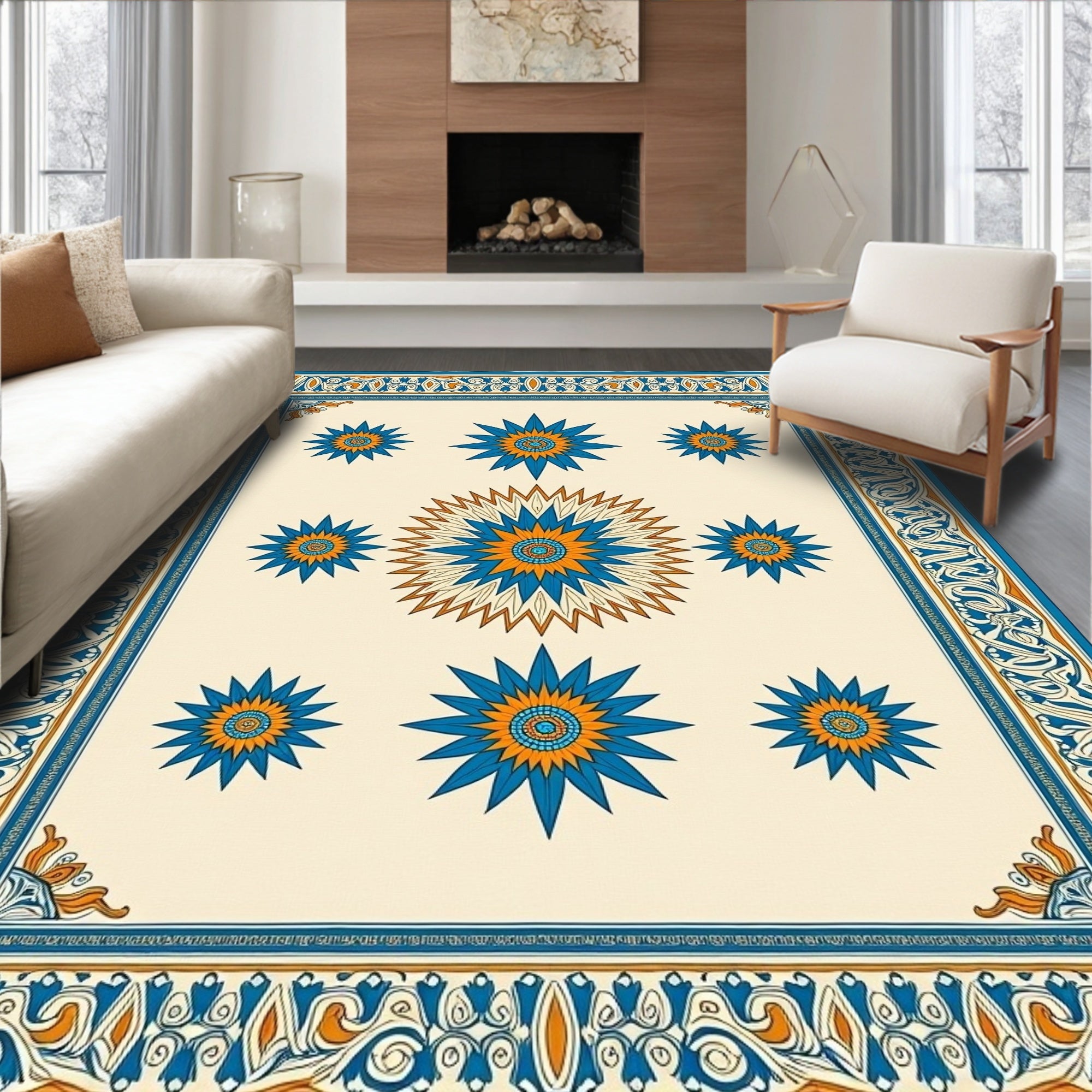 Orange Blue Starburst Floral Border Rug