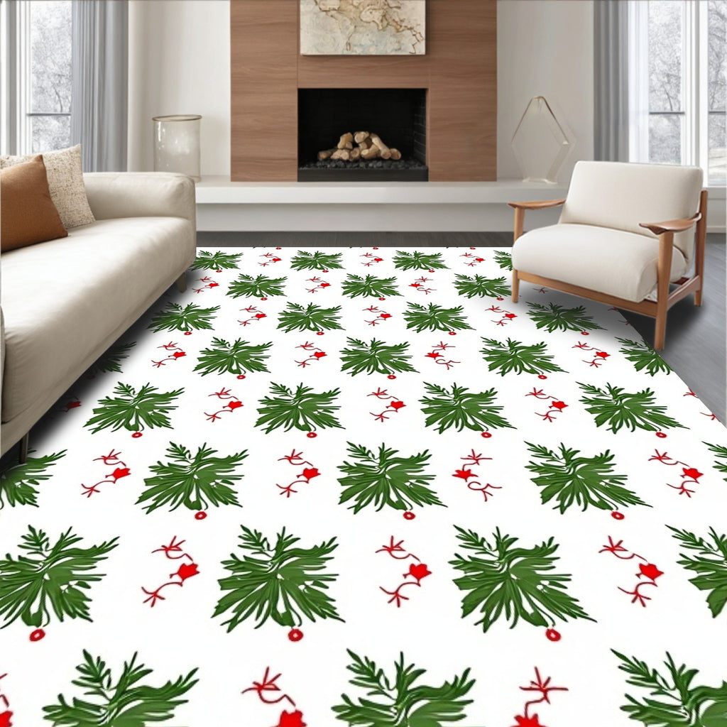 Festive Green Foliage Red Garland Rug