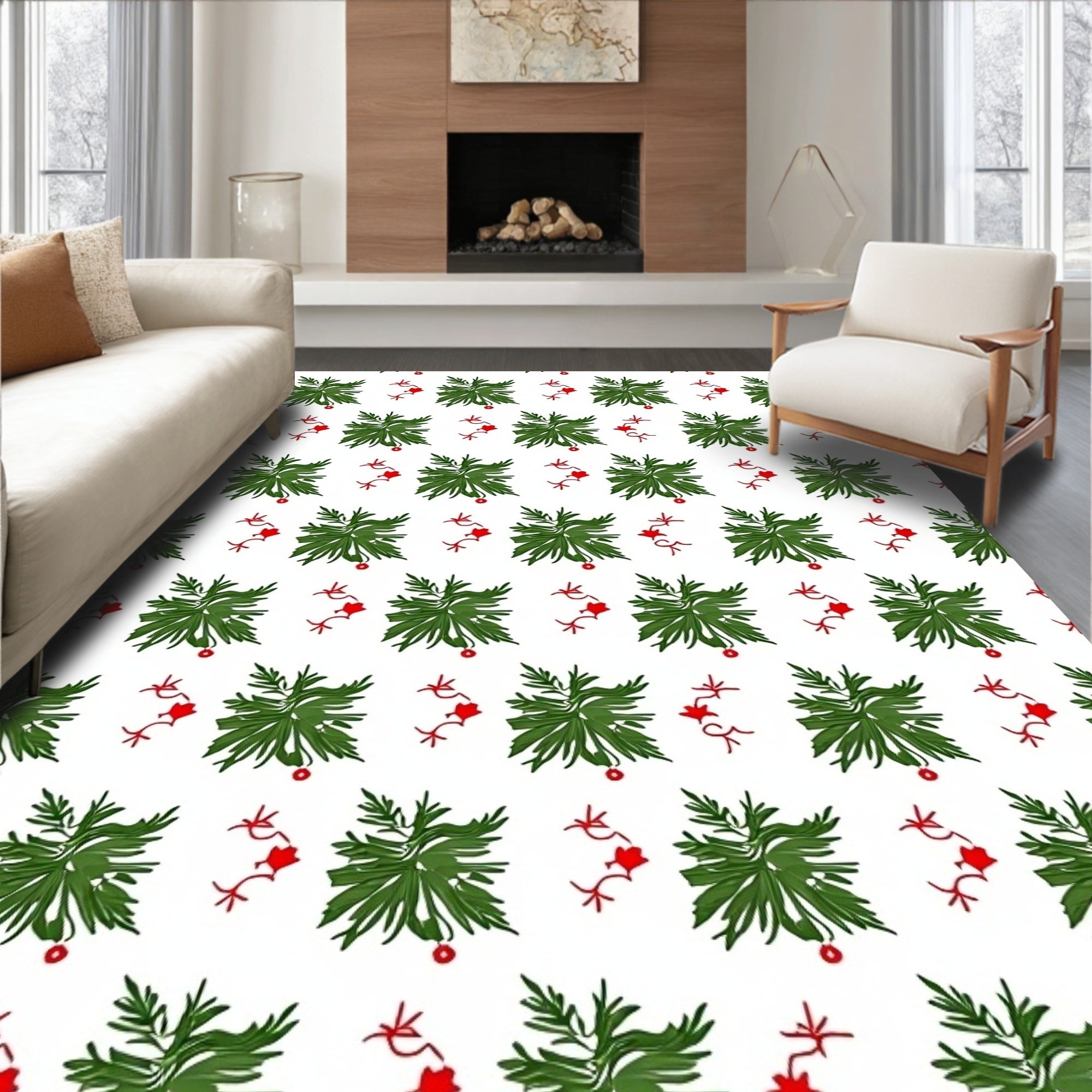 Festive Green Foliage Red Garland Rug