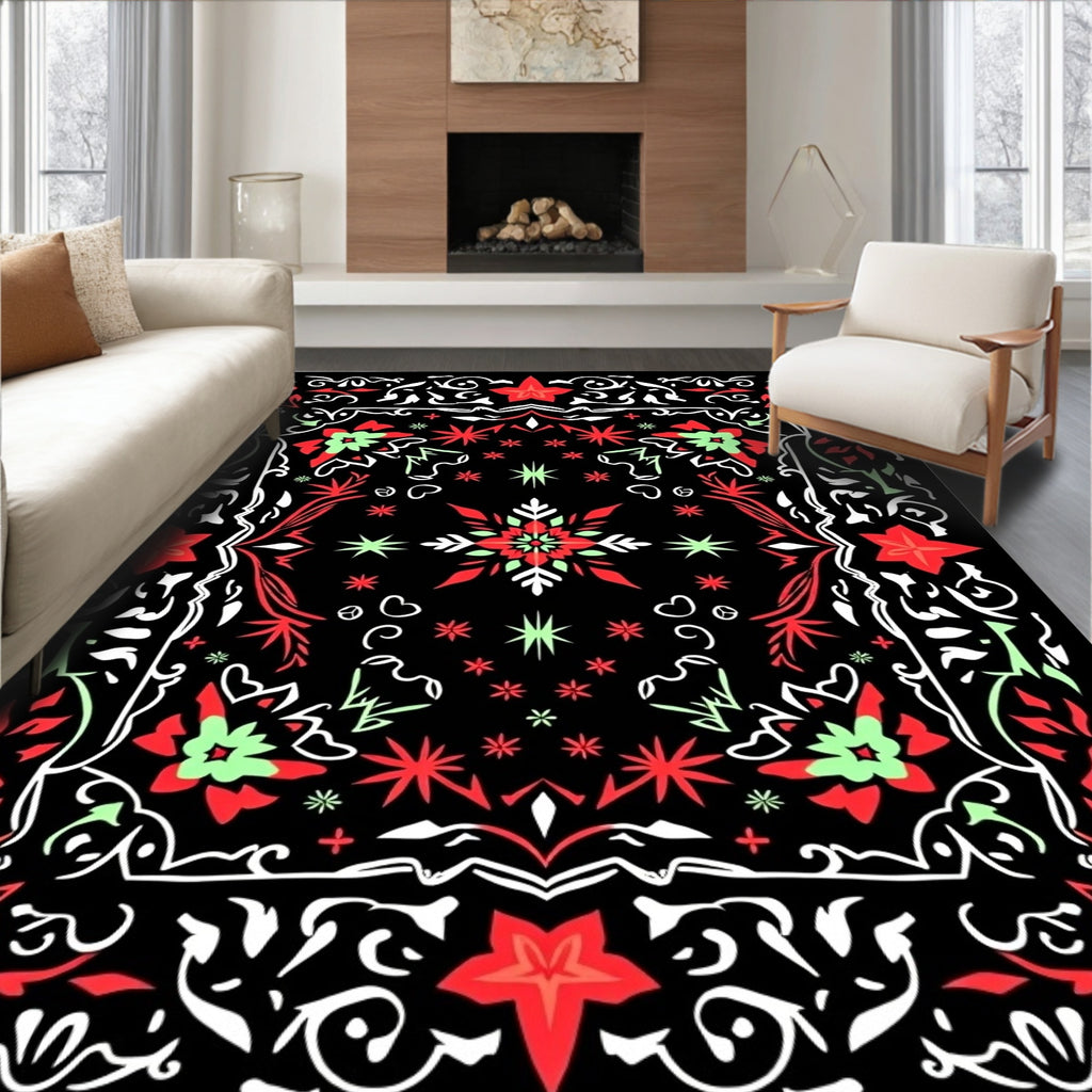 Red Green Starburst Medallion Black Rug