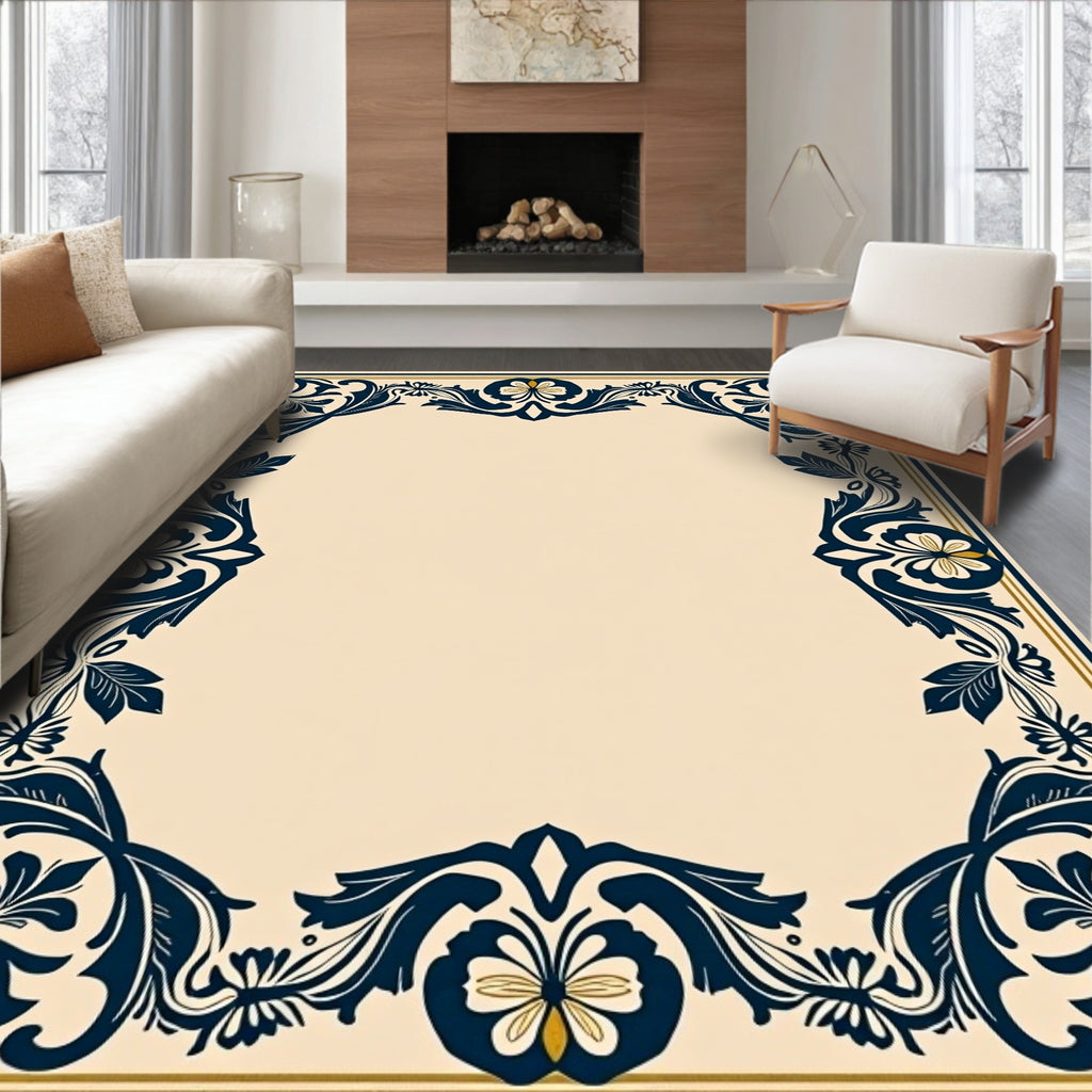 Navy Blue Floral Scrollwork Border Rug