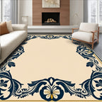 Navy Blue Floral Scrollwork Border Rug