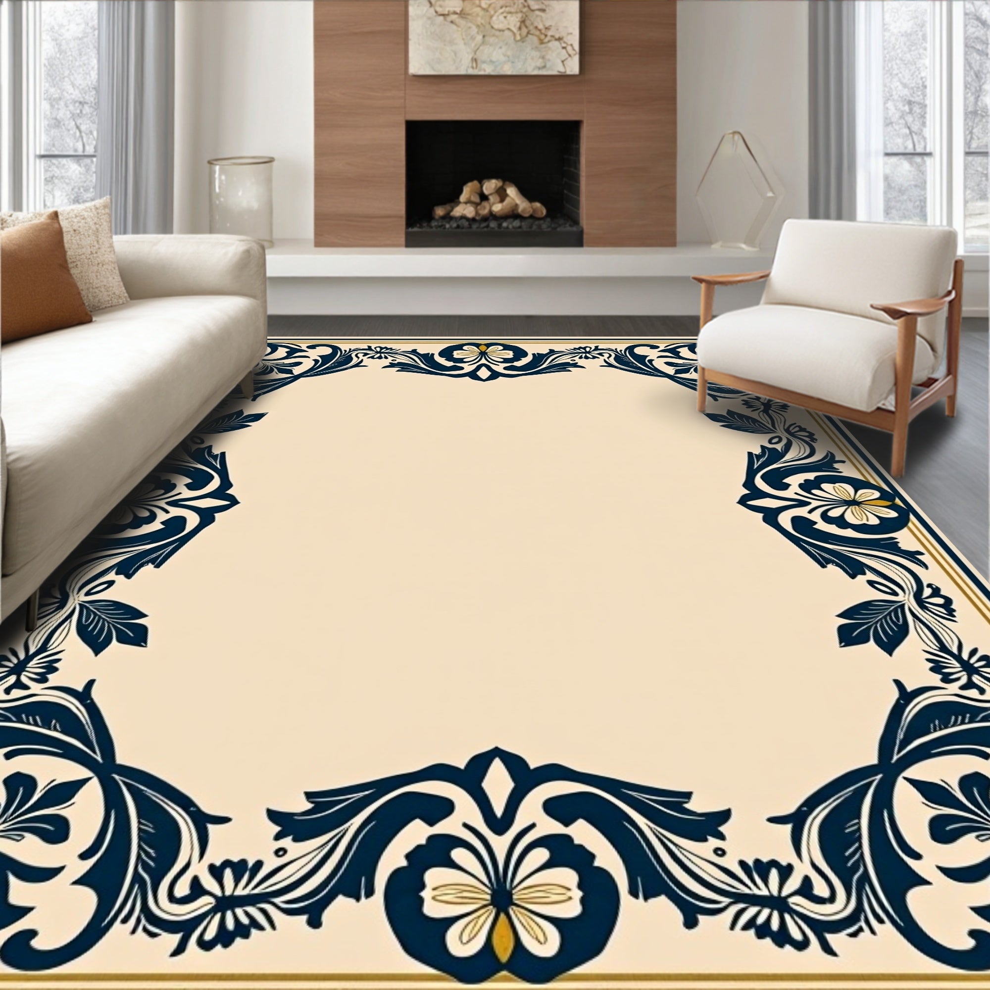 Navy Blue Floral Scrollwork Border Rug