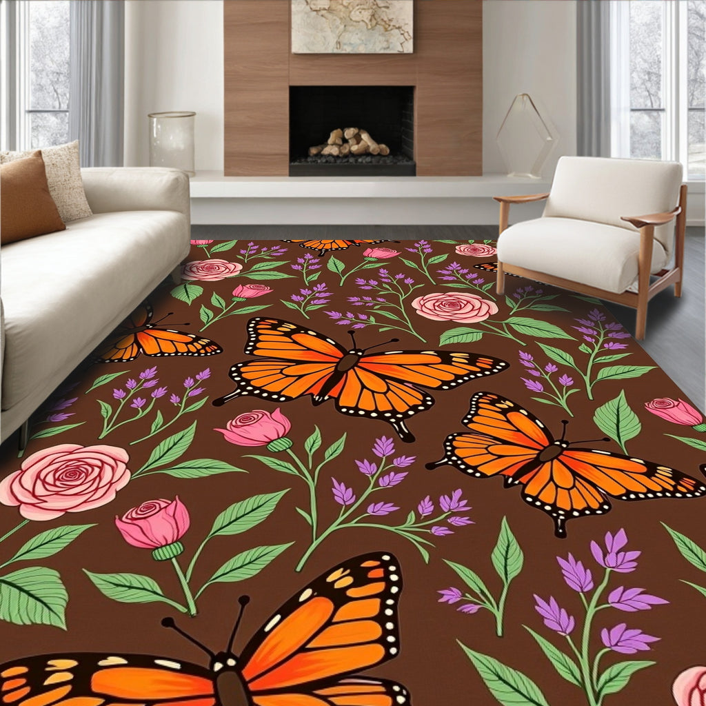 Orange Monarch Butterflies Pink Roses Lavender Rug