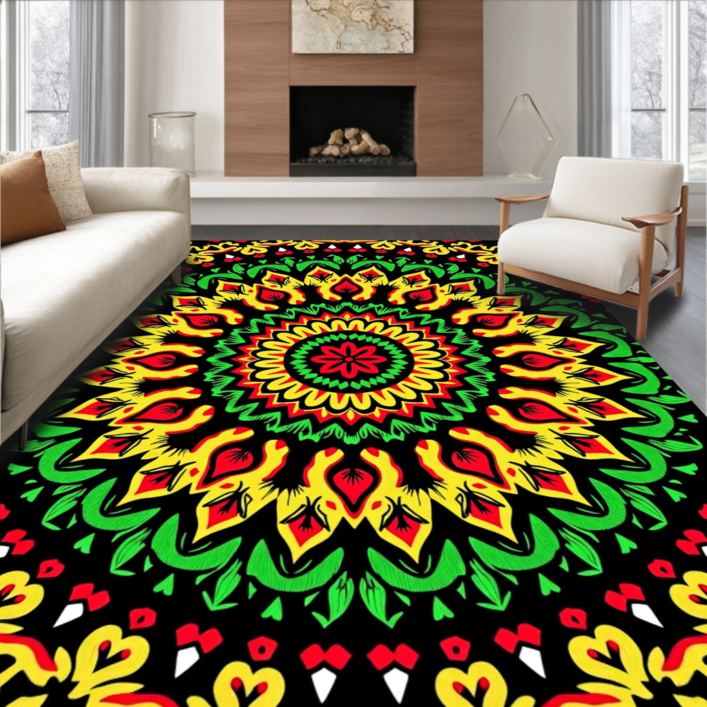 Vibrant Red Yellow Green Mandala Rug
