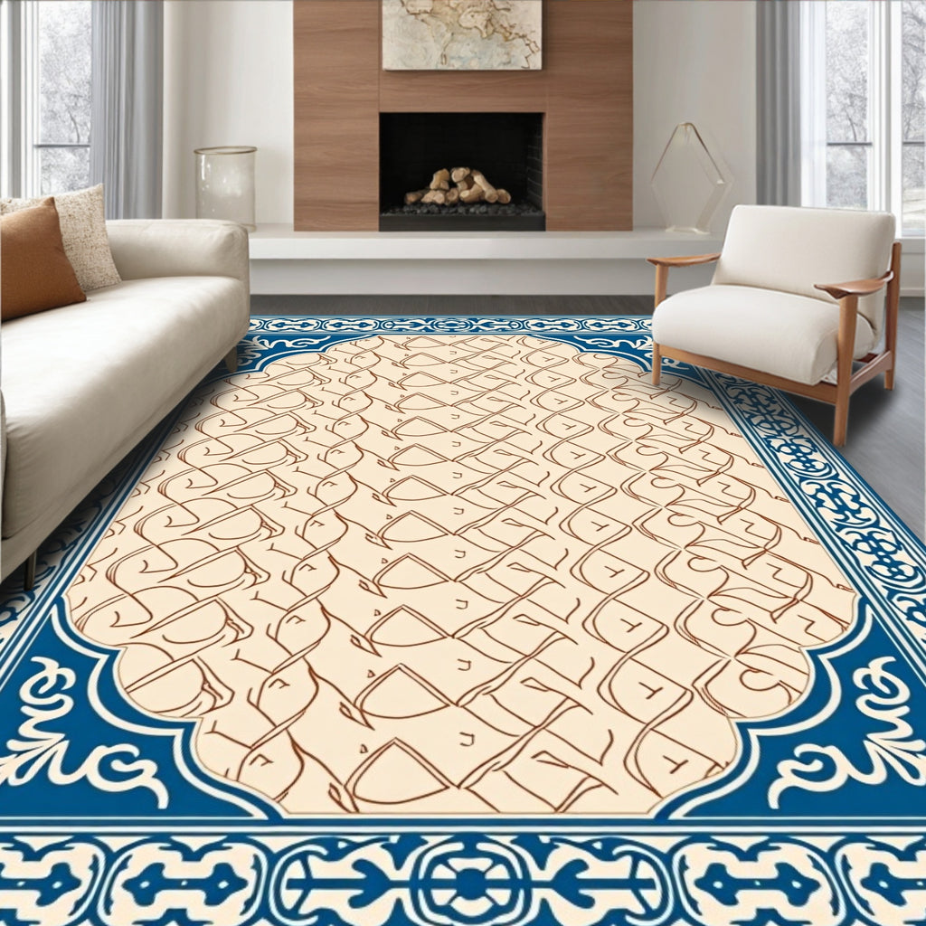 Elegant Beige Blue Interlocking Lattice Rug