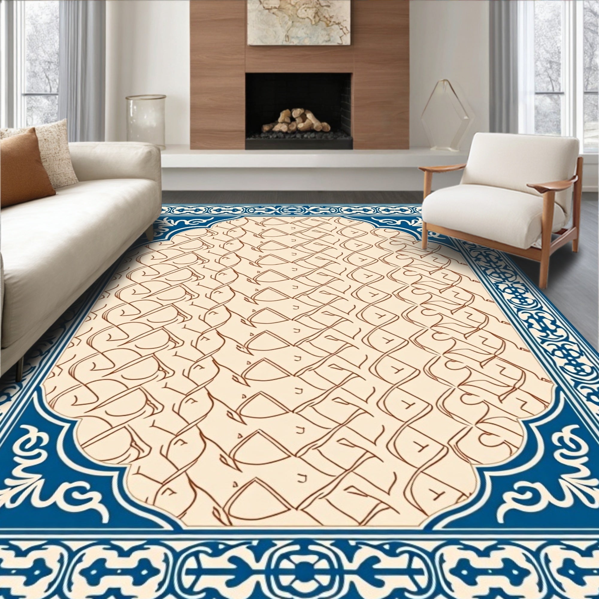 Elegant Beige Blue Interlocking Lattice Rug