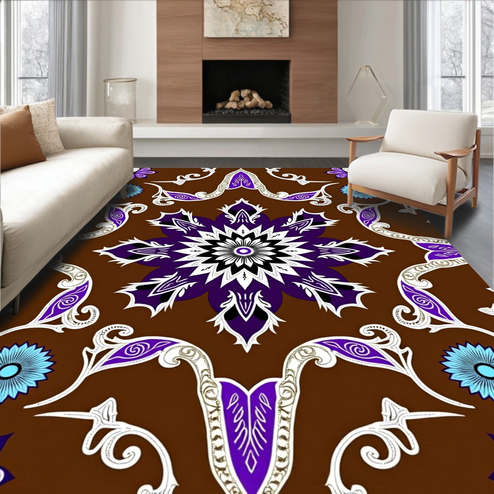 Rich Brown Purple Floral Medallion Rug