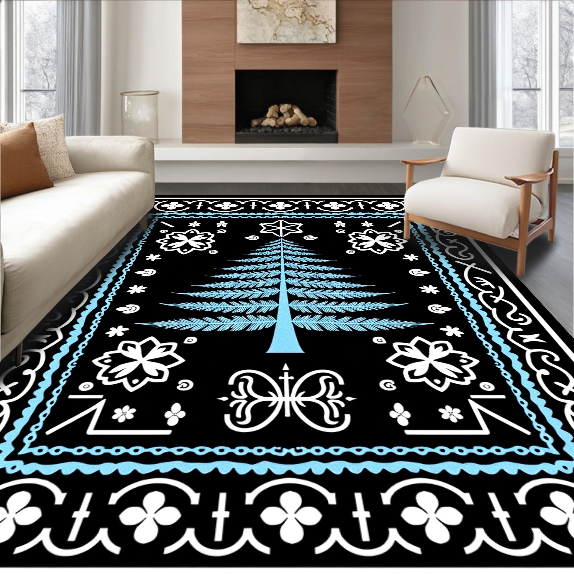 Winter Forest Blue Fern Tree Rug