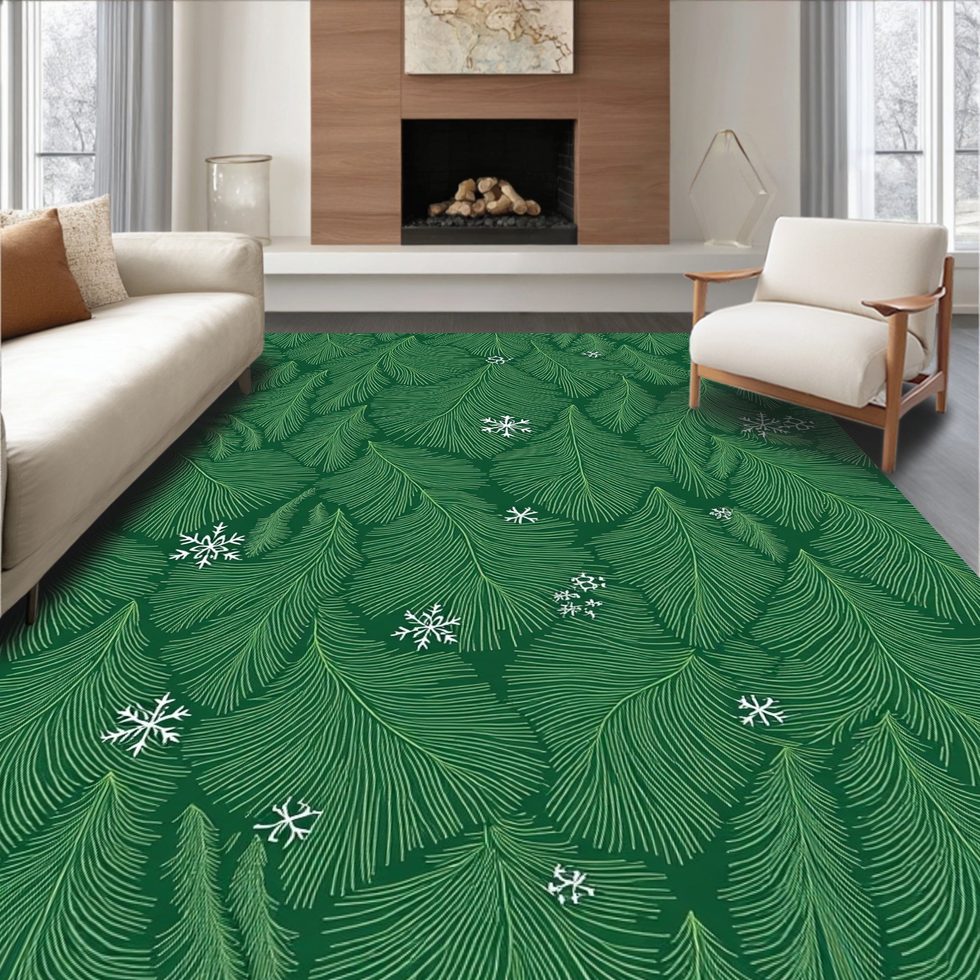 Emerald Green Pine Snowflakes Rug