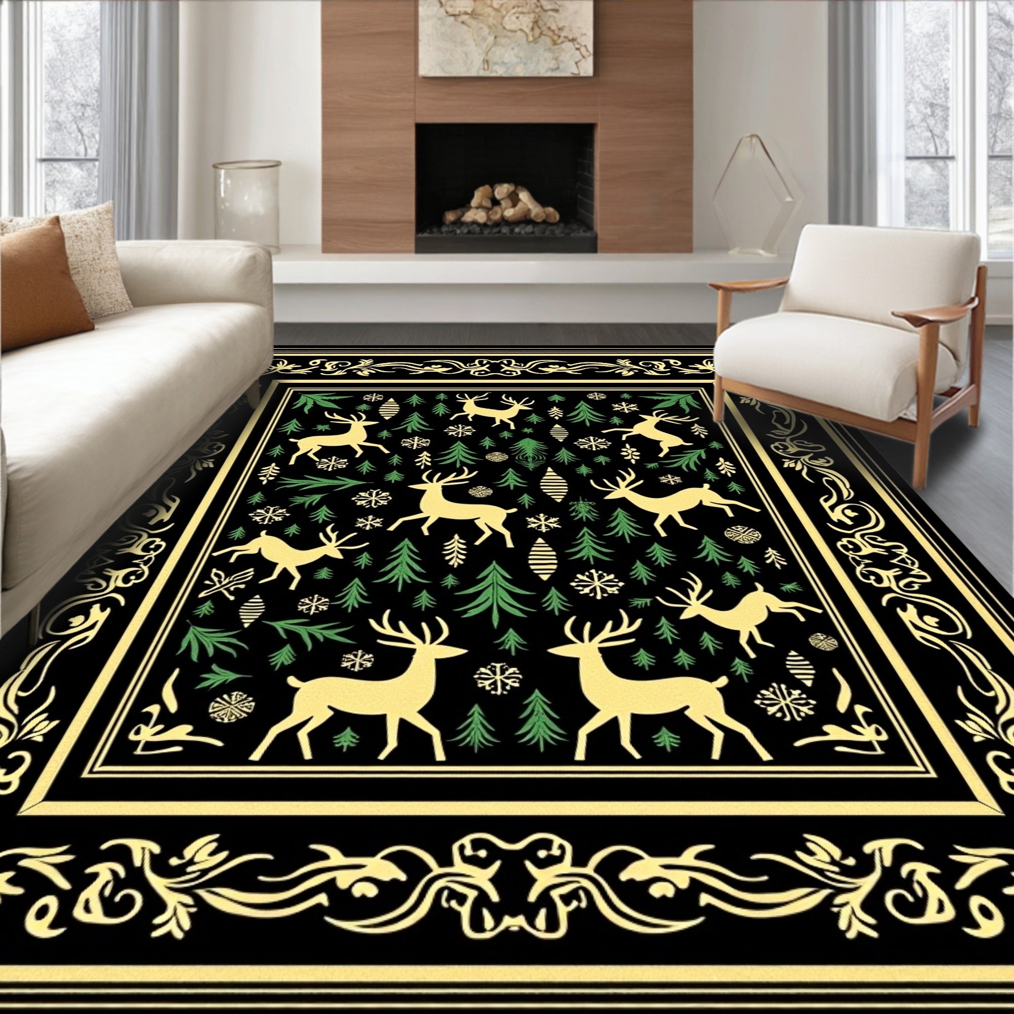 Golden Reindeer Pine Forest Border Rug