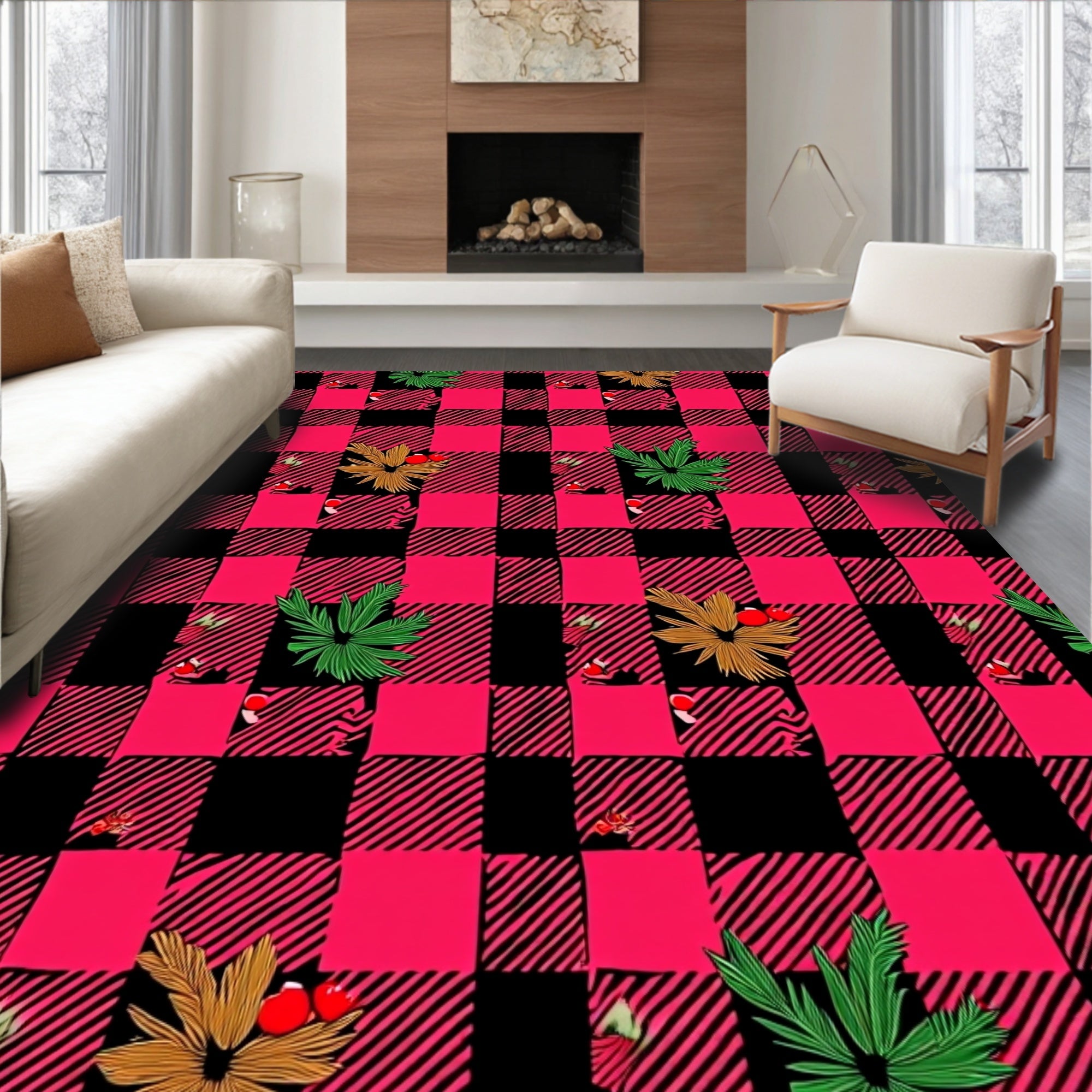 Red Black Buffalo Plaid Foliage Accent Rug