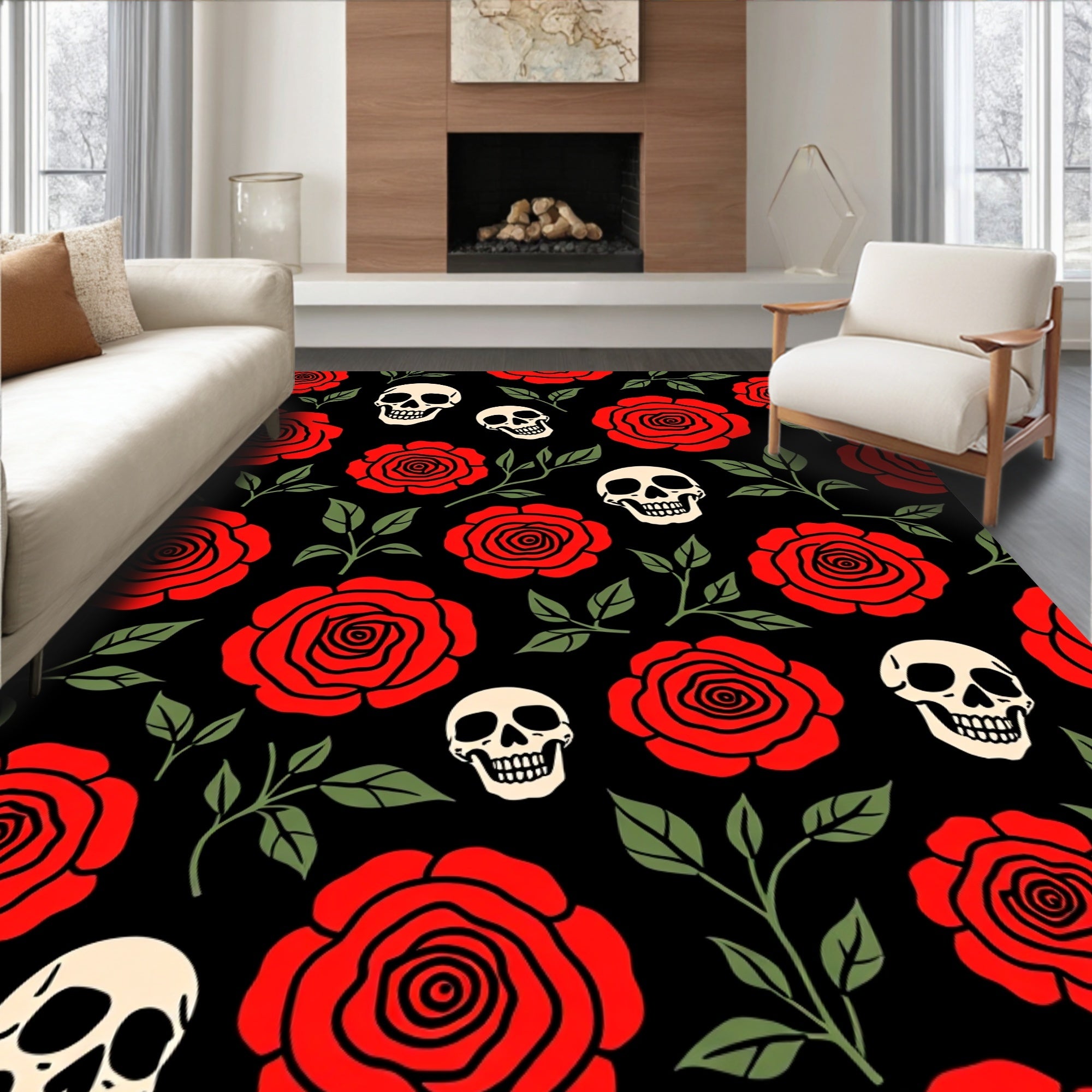 Red Roses and Skulls Black Ground Rug