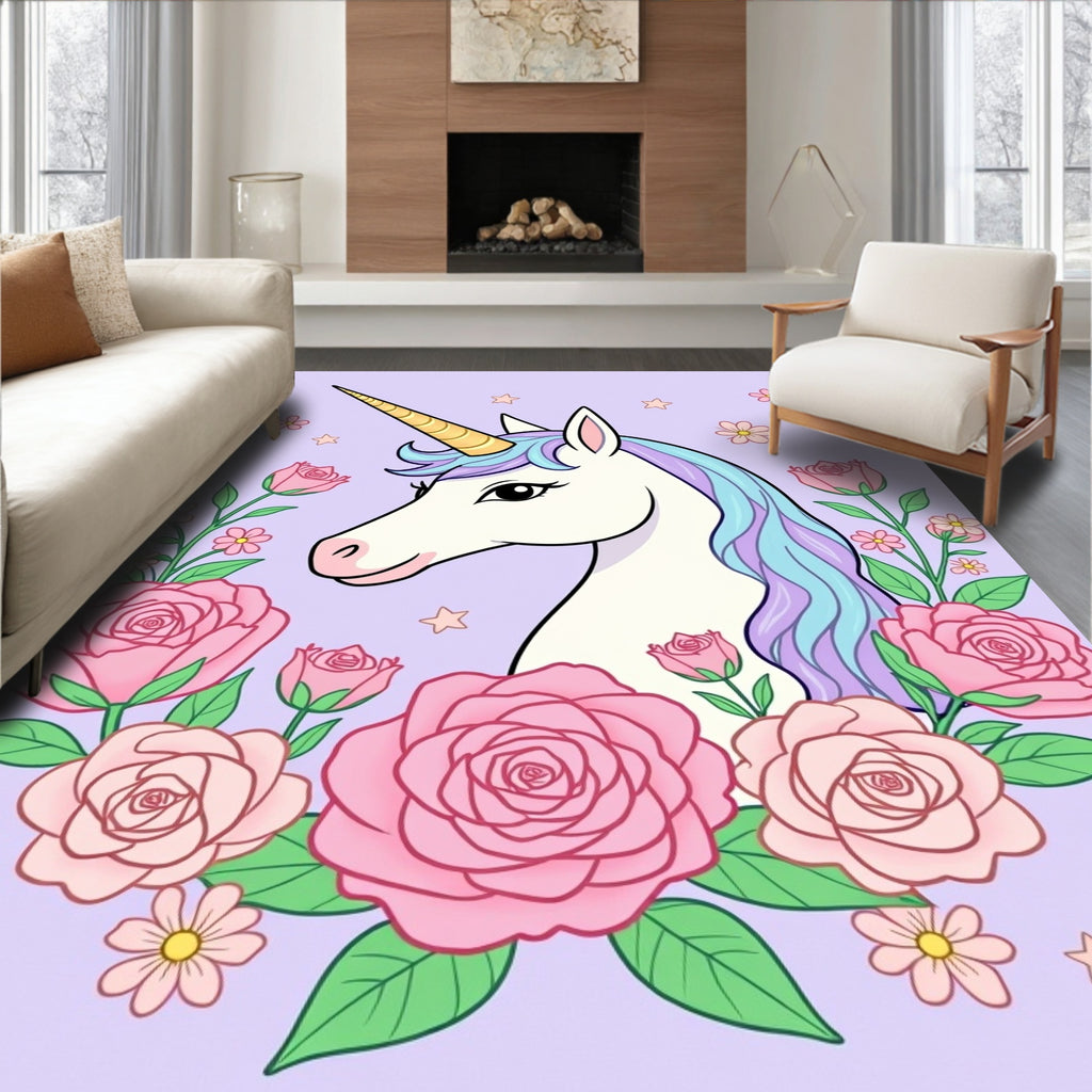 Whimsical Unicorn Pink Rose Garden Rug