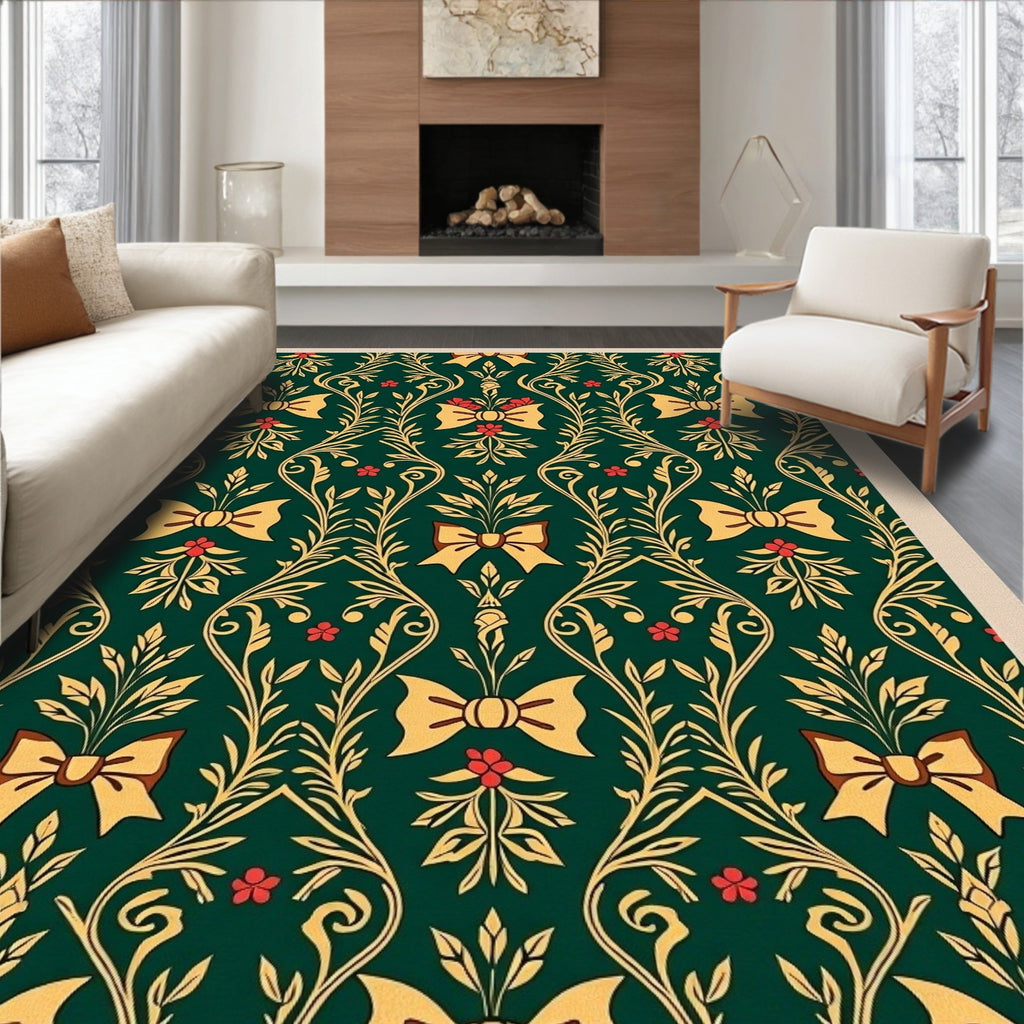 Emerald Green Gold Bow Botanical Rug