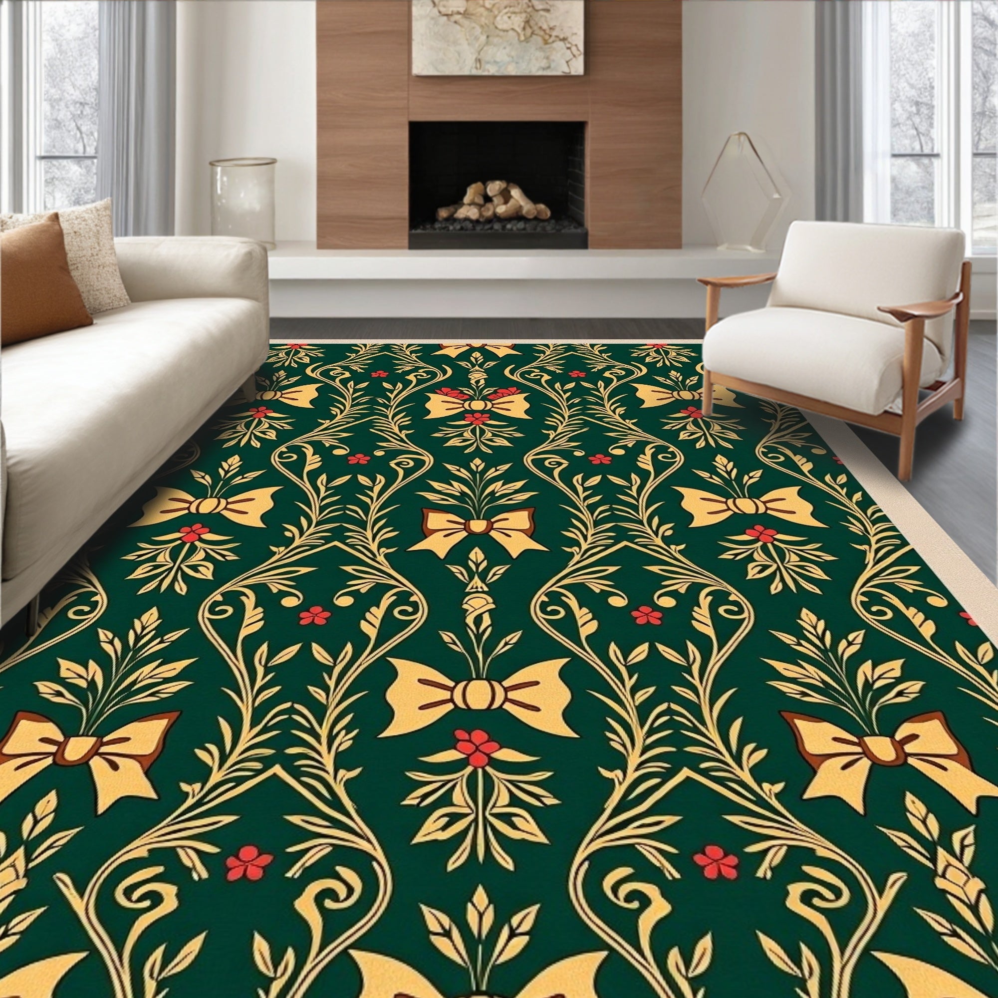 Emerald Green Gold Bow Botanical Rug
