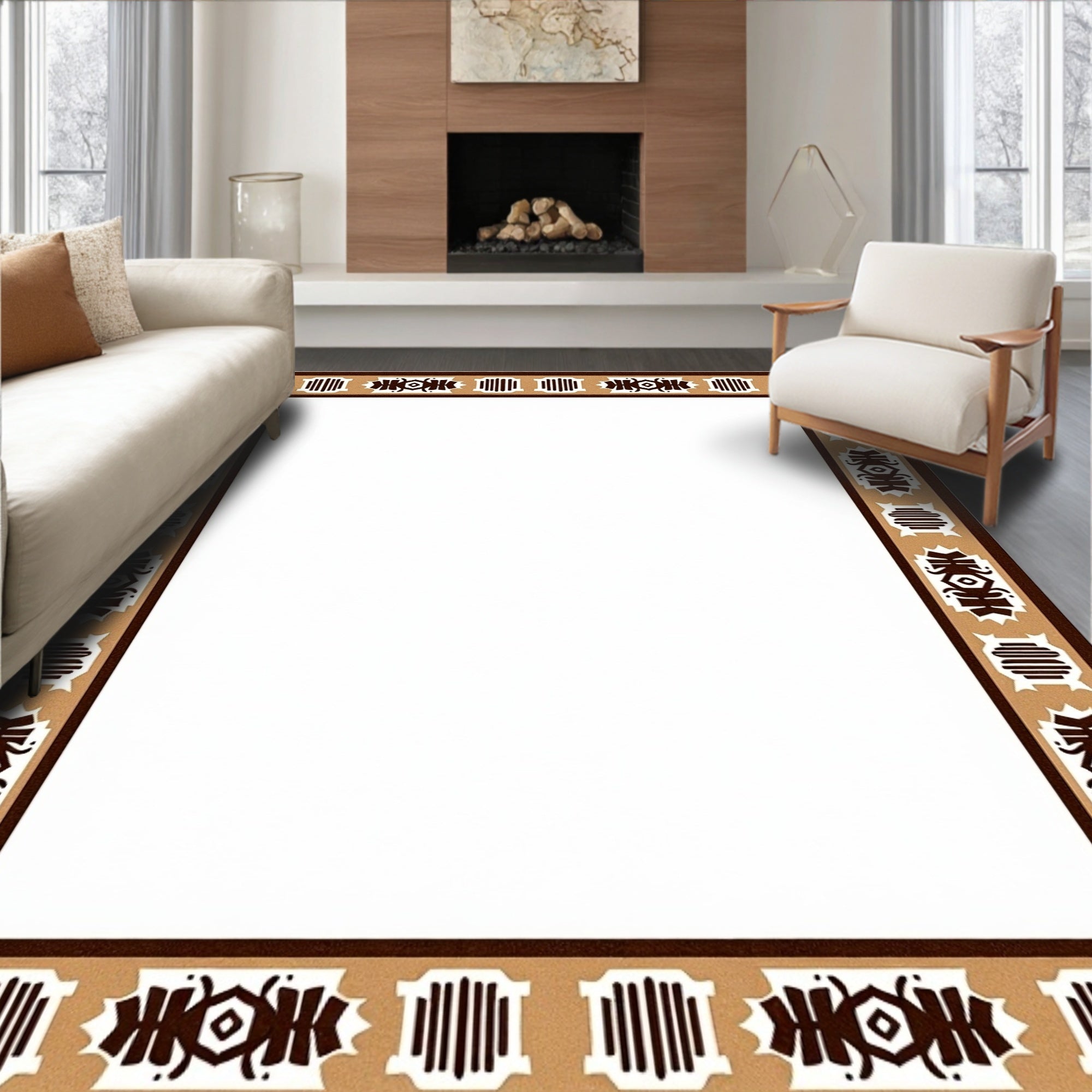 Rustic Earthy Tan Geometric Border Rug