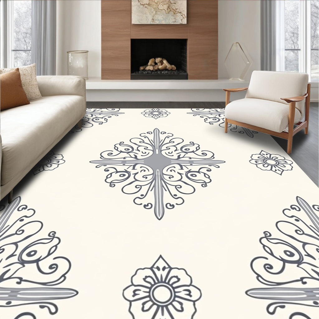 Cream Gray Floral Paisley Medallion Rug