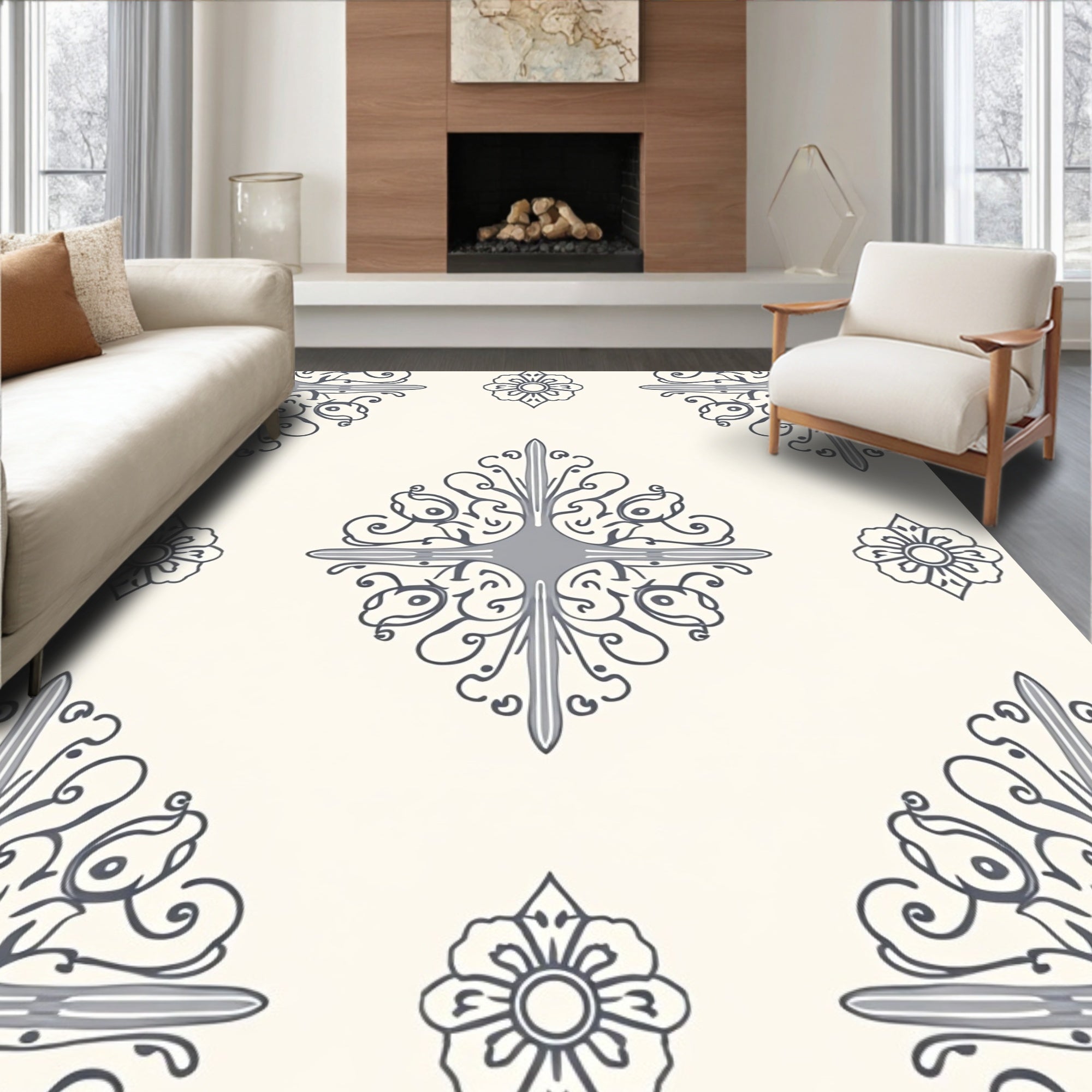 Cream Gray Floral Paisley Medallion Rug
